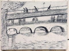 Figures Walking Across a Stone Bridge over the Seine French Modernist