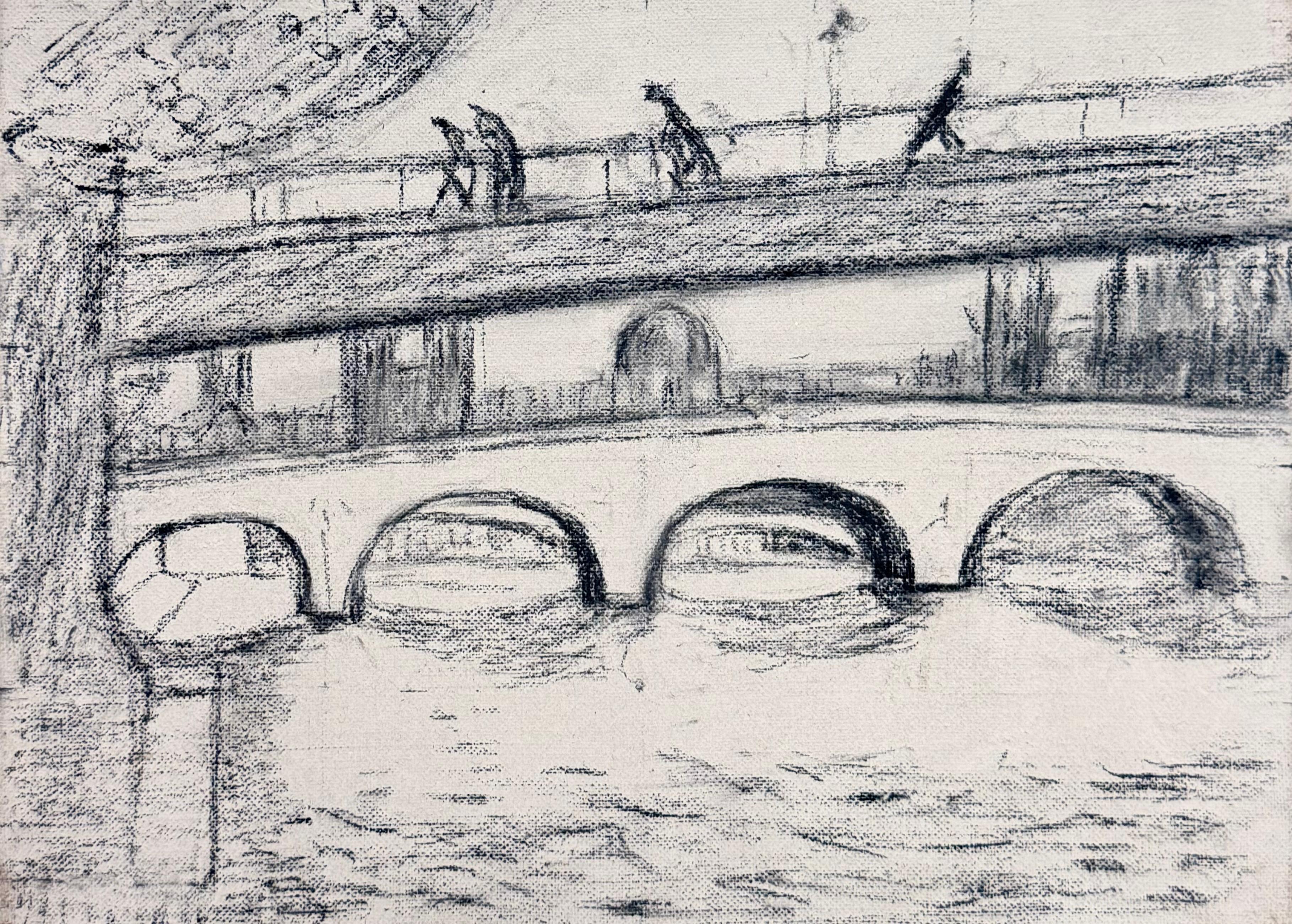 Figuren, die über eine Steinbrücke über die Seine gehen – Französischer Modernismus