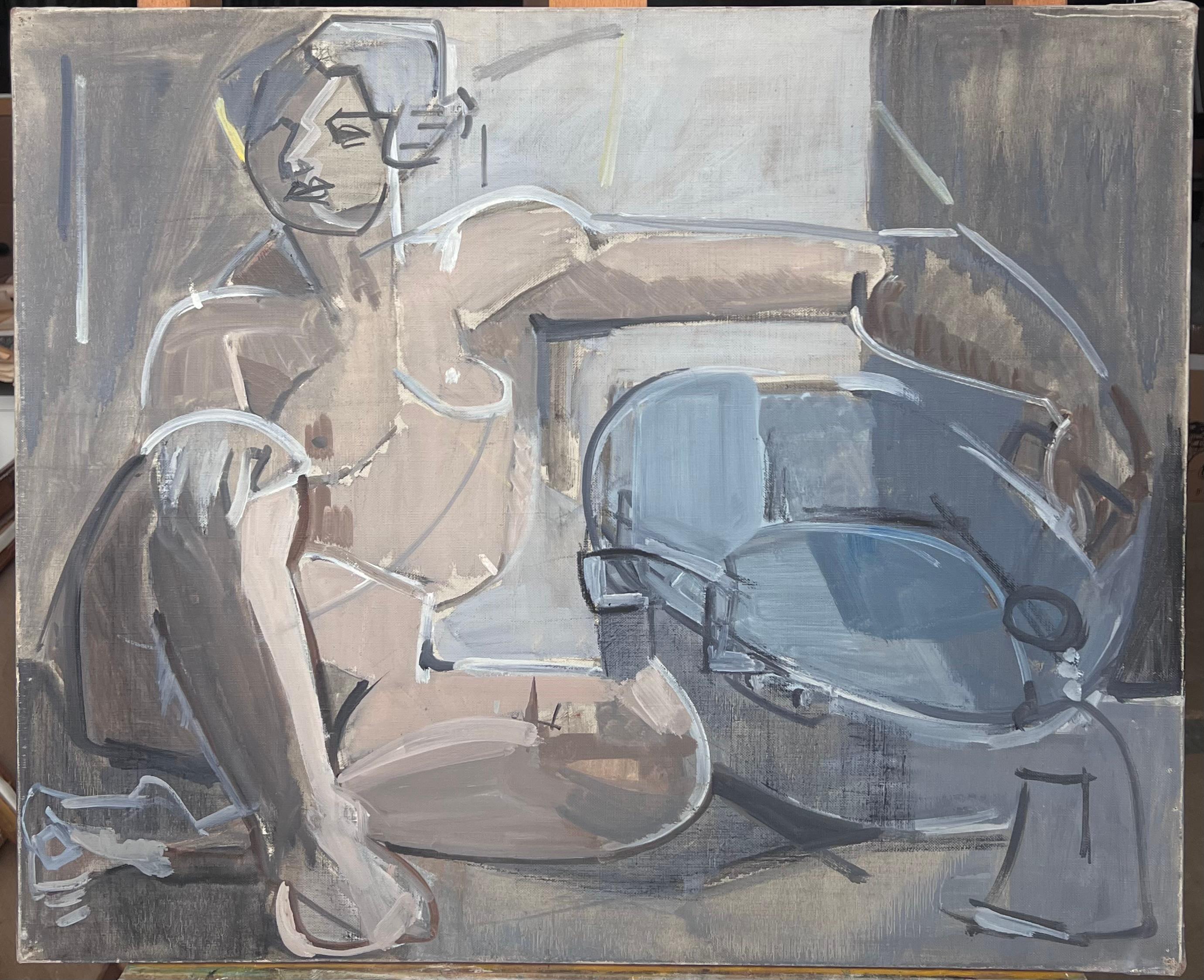 Belle peinture à l'huile cubiste française du 20e siècle Femme nue assise dans une pièce intérieure - Painting de Laure Noetzin-Azam (French 1929-2024)