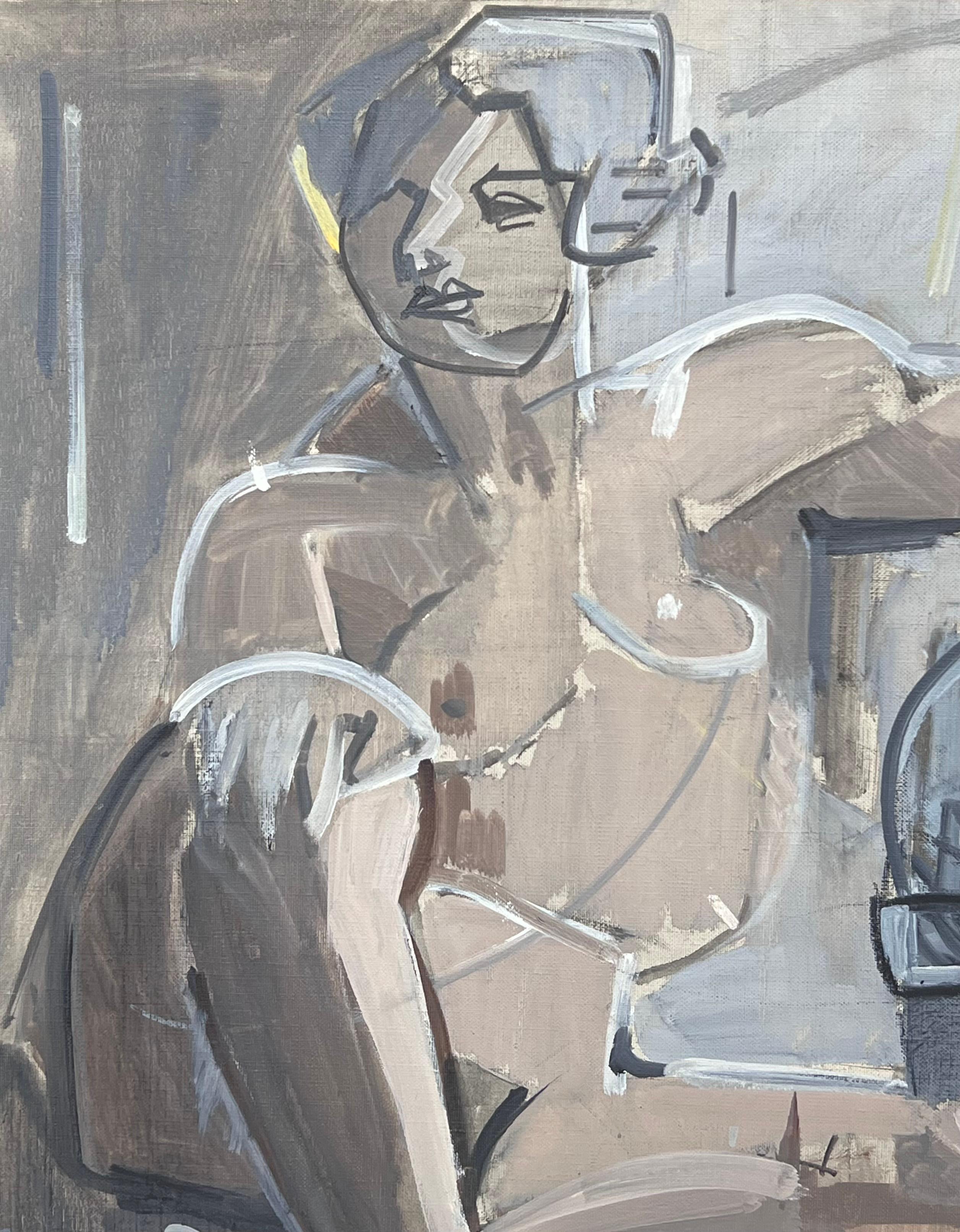 Belle peinture à l'huile cubiste française du 20e siècle Femme nue assise dans une pièce intérieure - Cubisme Painting par Laure Noetzin-Azam (French 1929-2024)