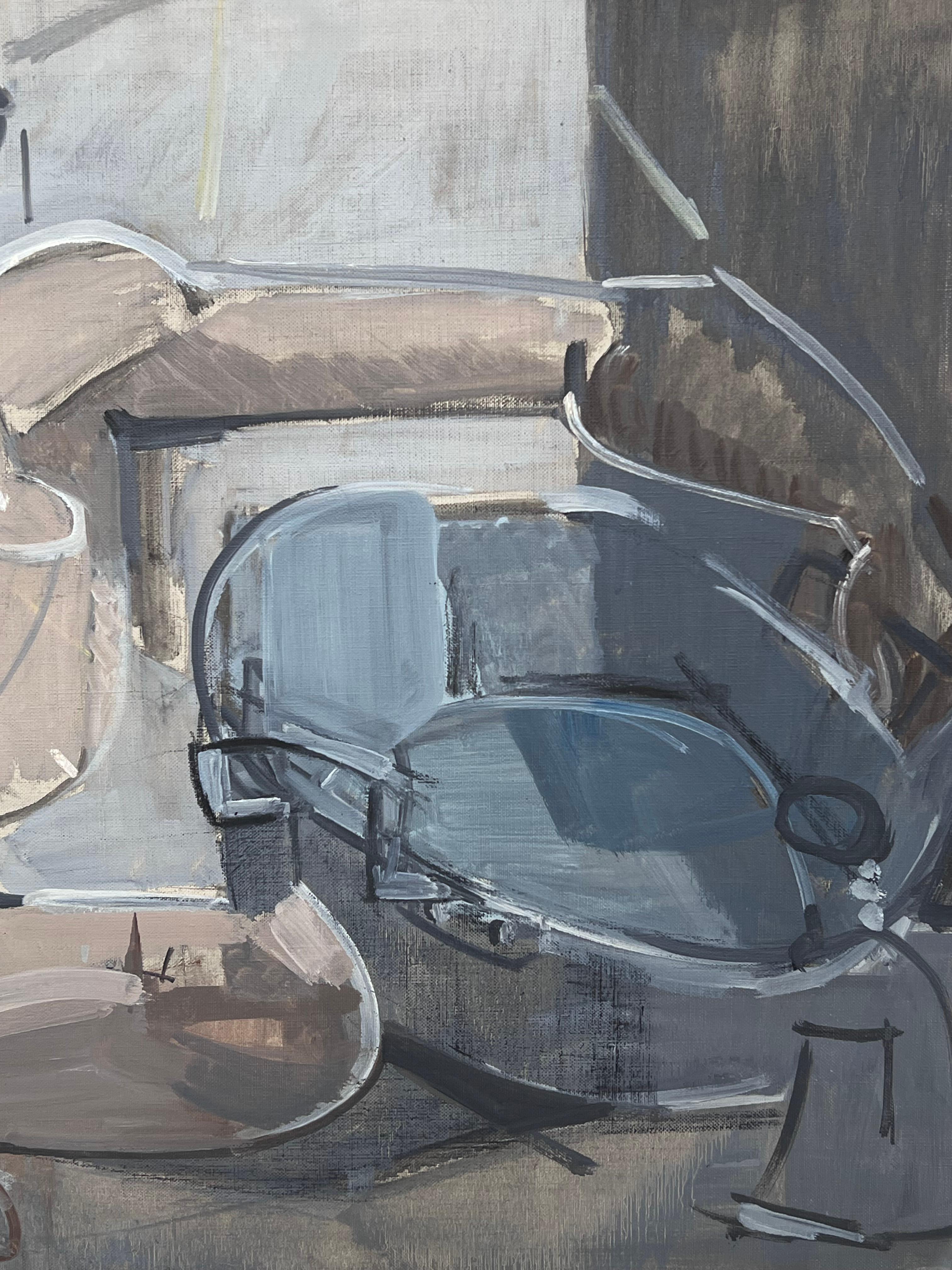 Belle peinture à l'huile cubiste française du 20e siècle Femme nue assise dans une pièce intérieure - Gris Abstract Painting par Laure Noetzin-Azam (French 1929-2024)