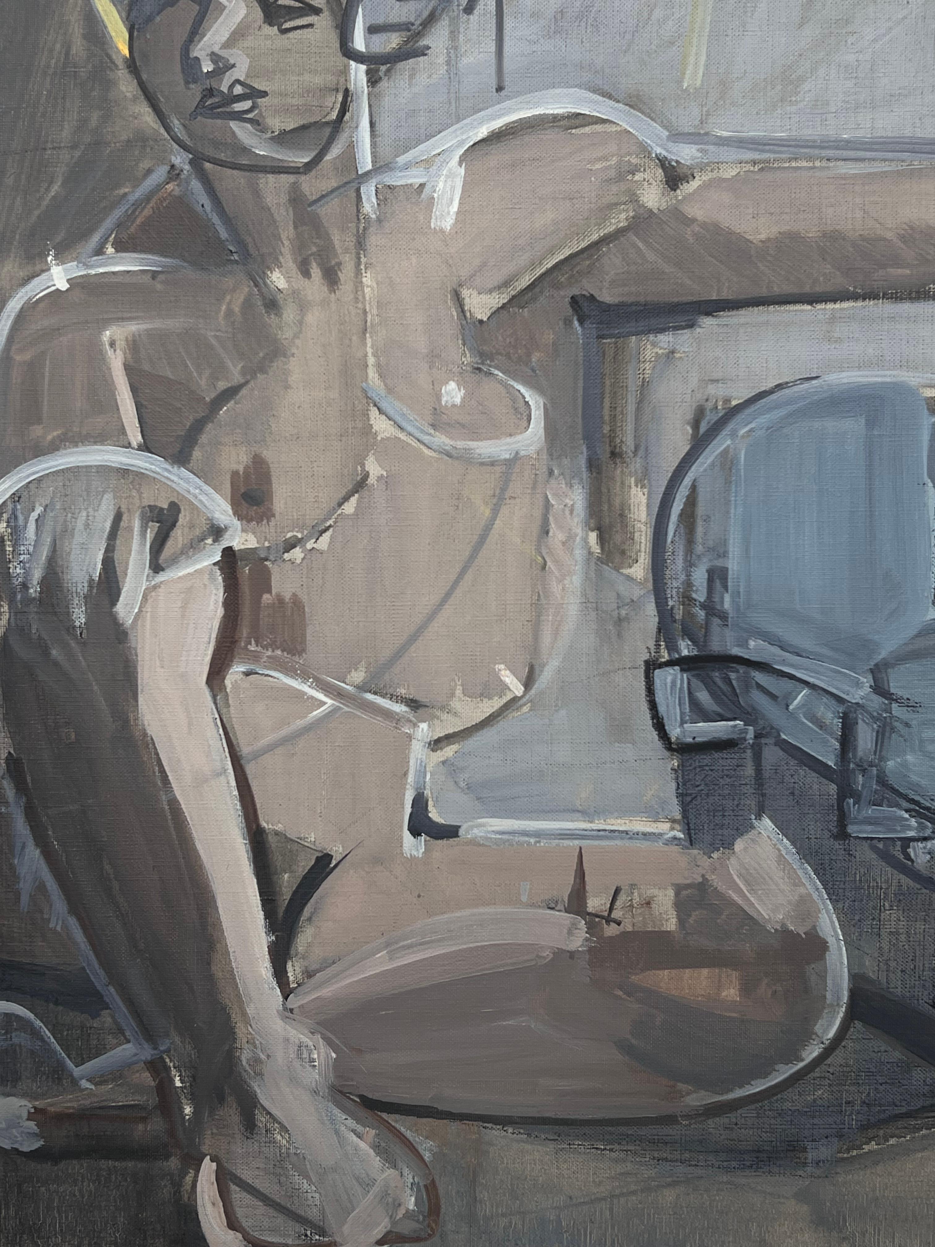 Belle peinture à l'huile cubiste française du 20e siècle Femme nue assise dans une pièce intérieure en vente 2