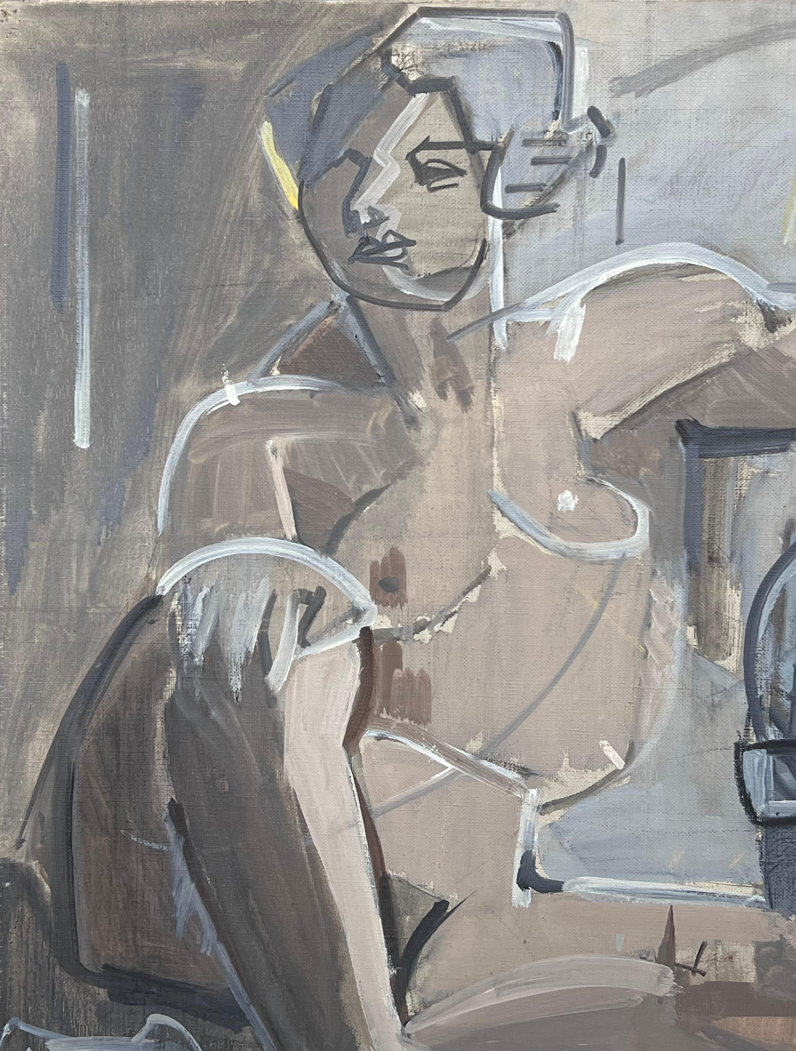 Belle peinture à l'huile cubiste française du 20e siècle Femme nue assise dans une pièce intérieure en vente 3