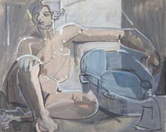 Fine 20th Century French Cubist Oil Painting Seated Nude Woman in Interior Room