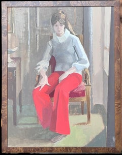 Belle peinture à l'huile moderniste française du 20e siècle Fille en pantalon rouge