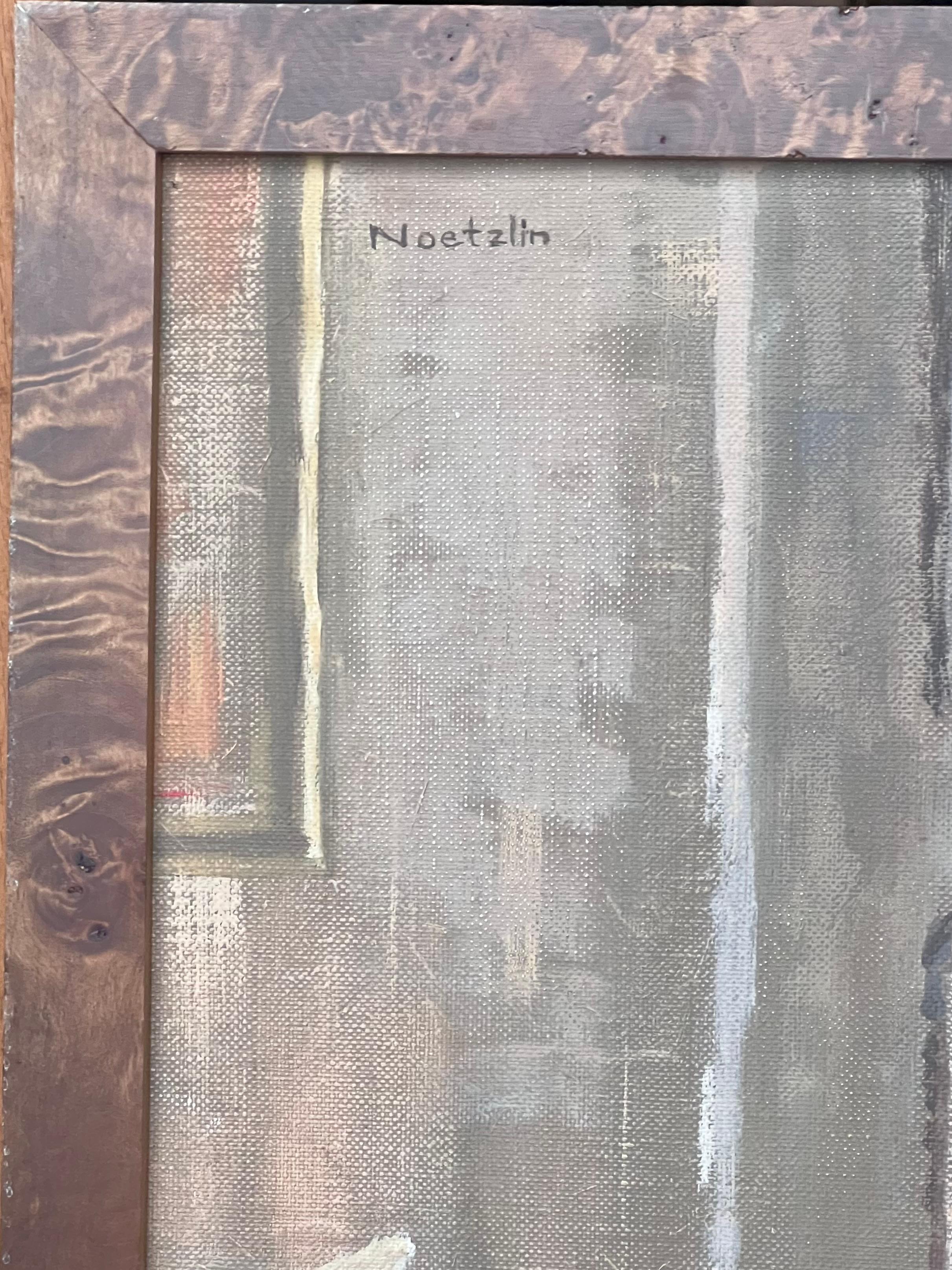 Feine 20. Jahrhundert Französisch Modernist Ölgemälde Mädchen in roten Hosen (Kubismus), Painting, von Laure Noetzin-Azam (French 1929-2024)