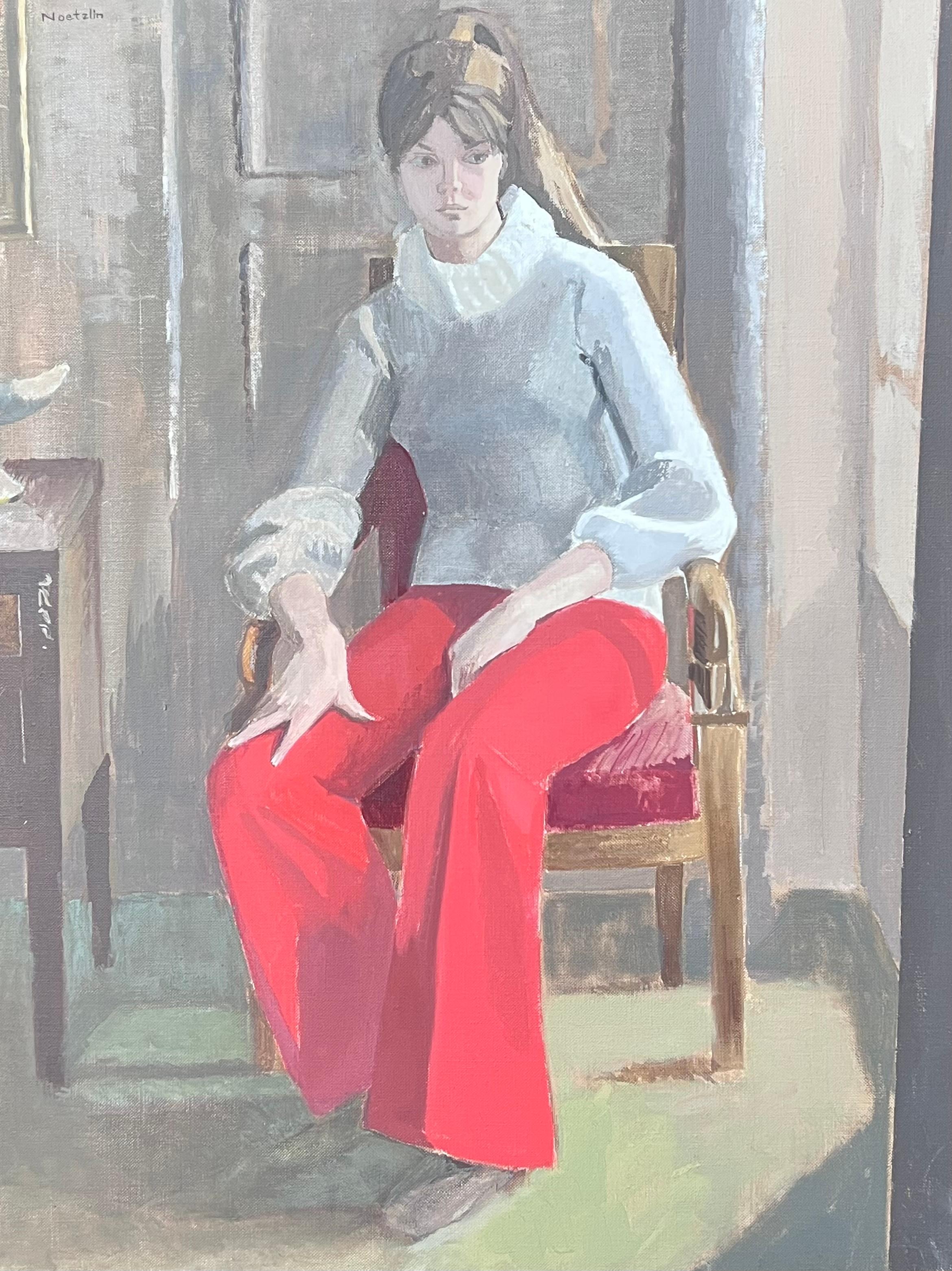 Laure Noetzin-Azam (French 1929-2024) Interior Painting – Feine 20. Jahrhundert Französisch Modernist Ölgemälde Mädchen in roten Hosen