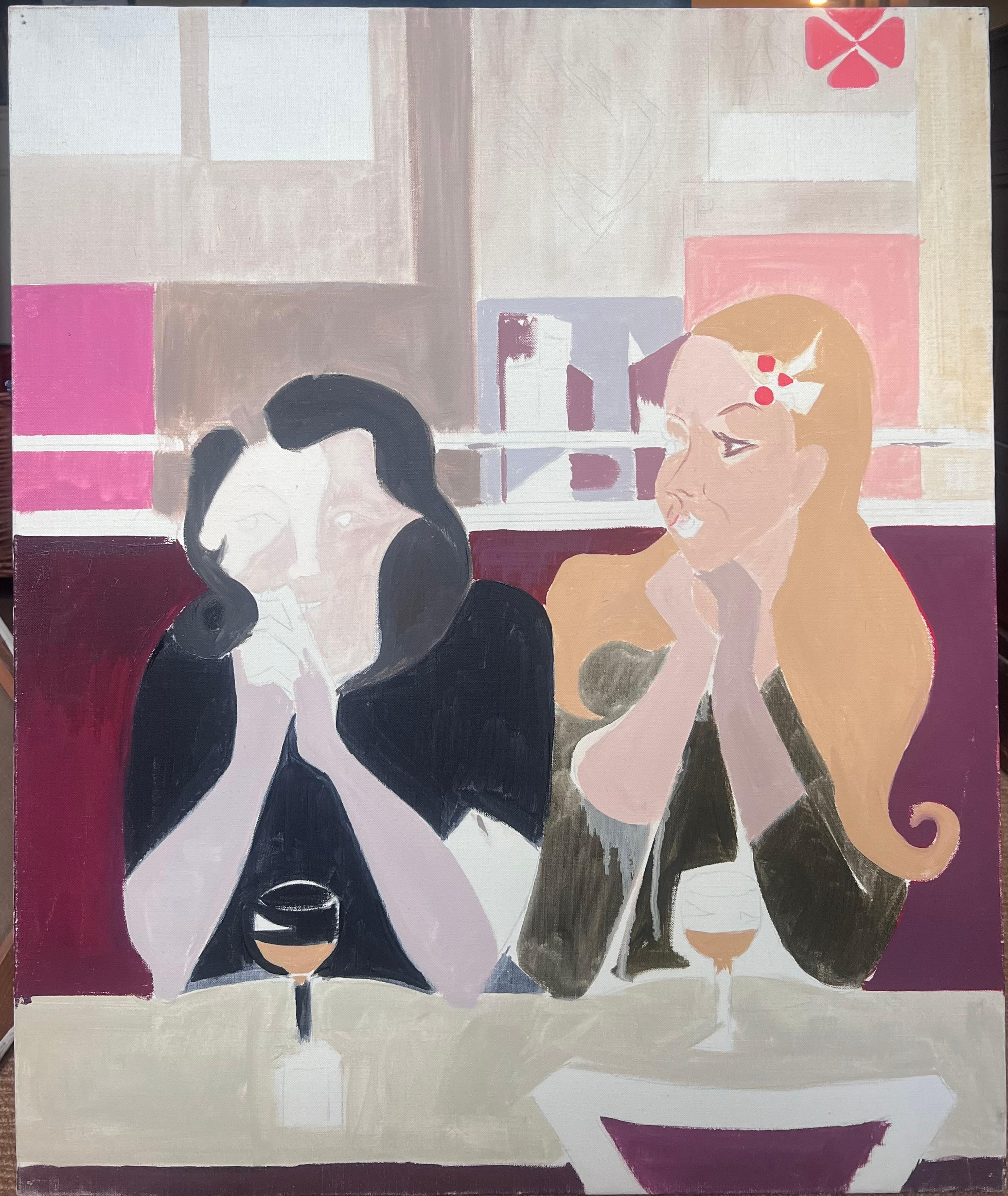 Belle peinture à l'huile moderniste française du 20e siècle Filles au bar avec des boissons - Painting de Laure Noetzin-Azam (French 1929-2024)