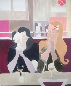 Raffinato dipinto a olio modernista francese del XX secolo Ragazze in un bar con bevande