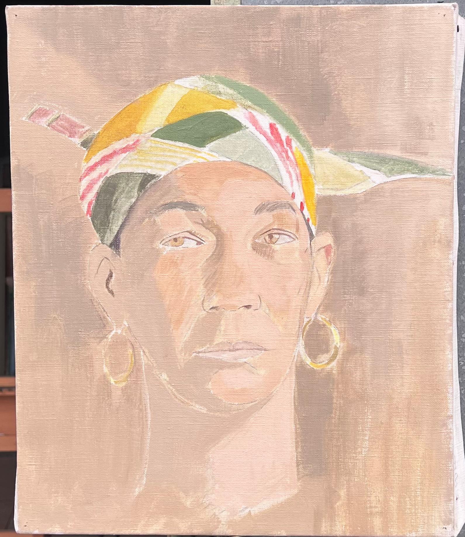 Belle peinture à l'huile moderniste française du 20e siècle - Portrait de femme au foulard - Painting de Laure Noetzin-Azam (French 1929-2024)
