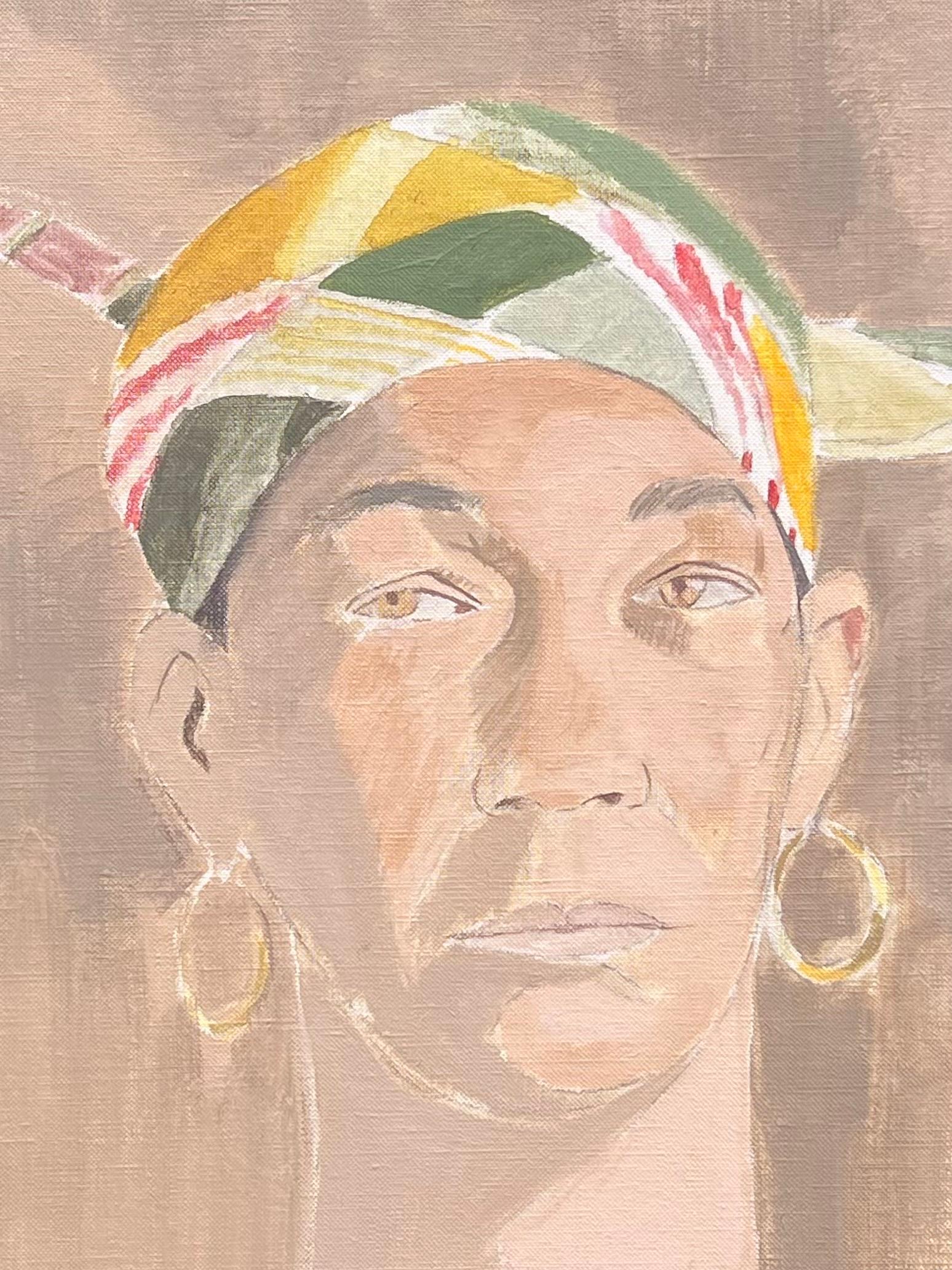 Belle peinture à l'huile moderniste française du 20e siècle - Portrait de femme au foulard - Moderne Painting par Laure Noetzin-Azam (French 1929-2024)