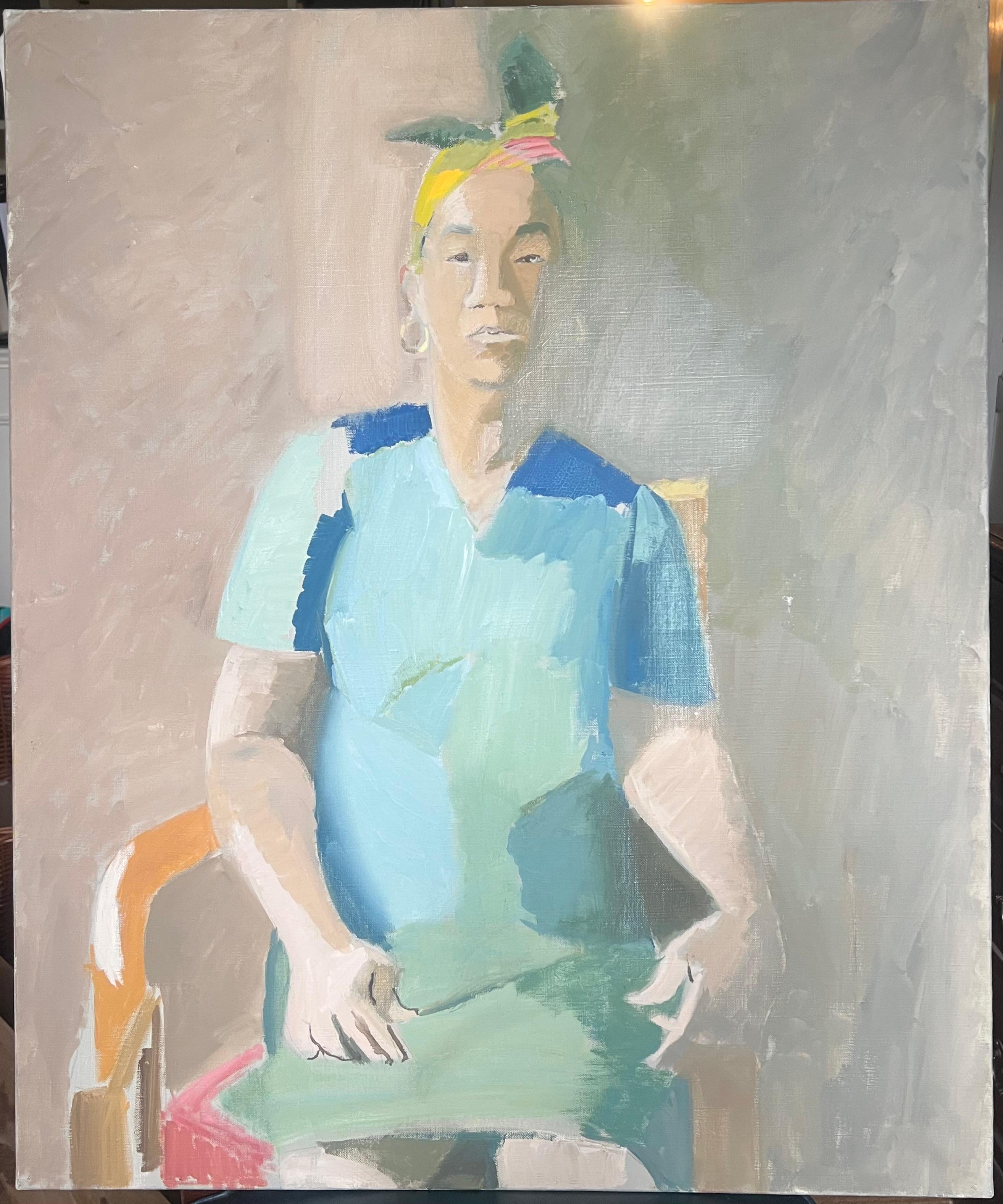 Fine 20. Jahrhundert Französisch Modernist Ölgemälde Porträt Frau Türkis Kleid – Painting von Laure Noetzin-Azam (French 1929-2024)