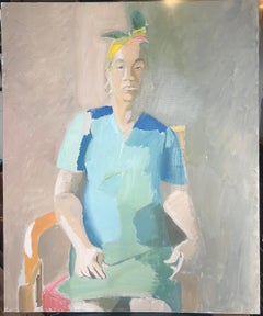 Óleo Modernista Francés del Siglo XX Retrato Mujer Vestido Turquesa