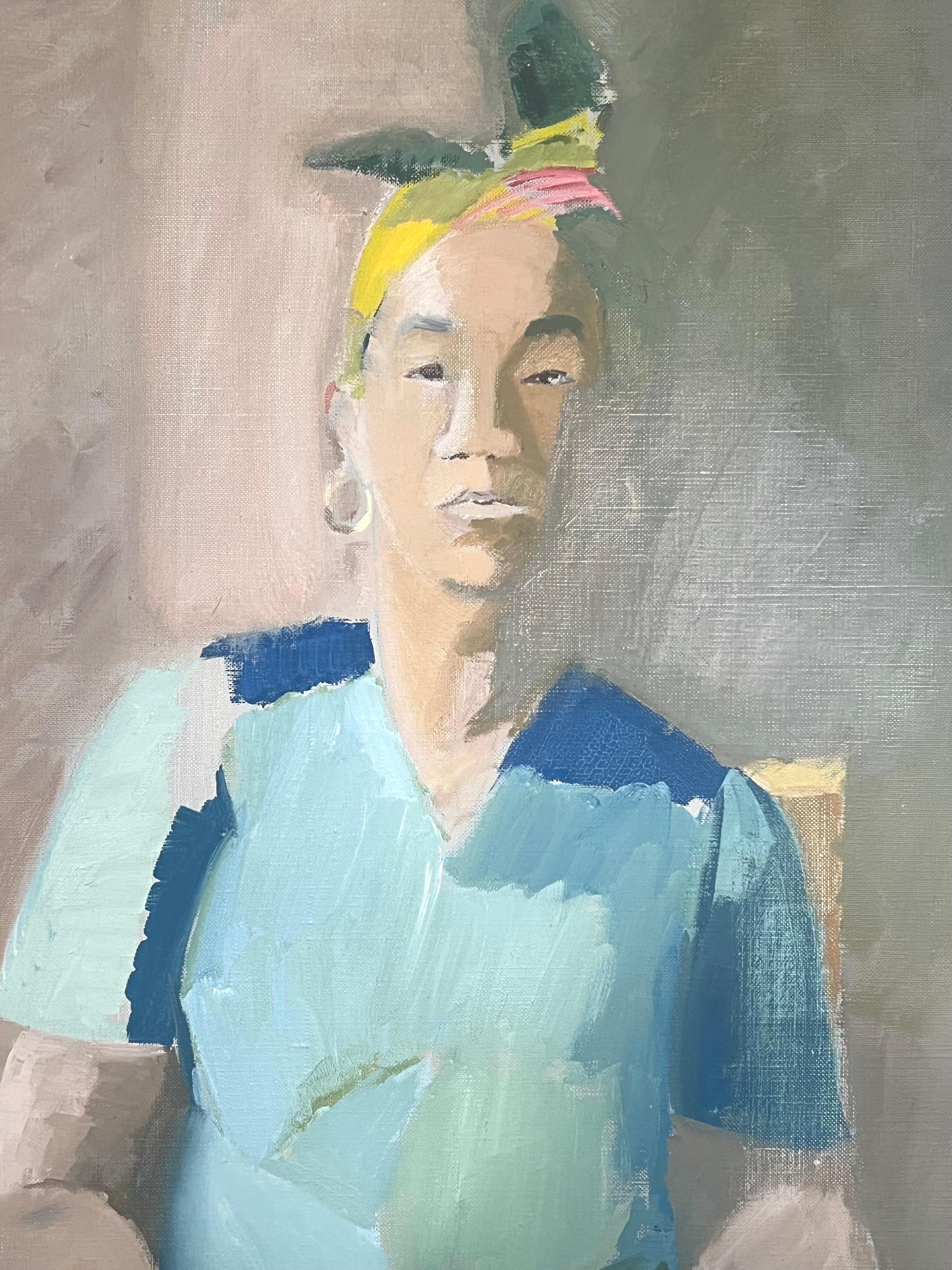 Fine 20. Jahrhundert Französisch Modernist Ölgemälde Porträt Frau Türkis Kleid (Kubismus), Painting, von Laure Noetzin-Azam (French 1929-2024)