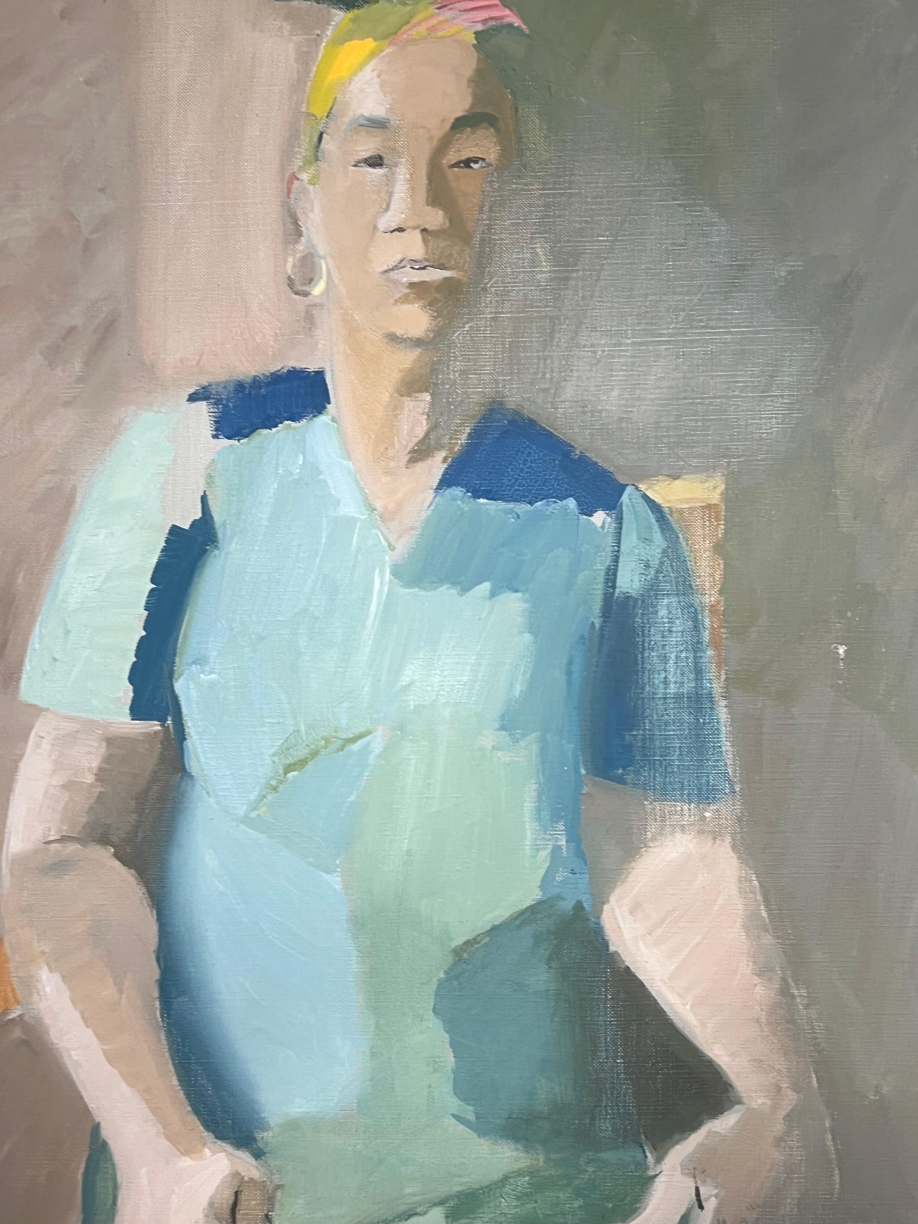 Fine 20. Jahrhundert Französisch Modernist Ölgemälde Porträt Frau Türkis Kleid (Grau), Portrait Painting, von Laure Noetzin-Azam (French 1929-2024)