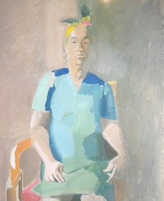 Raffinato dipinto a olio modernista francese del XX secolo Ritratto di donna con abito turchese