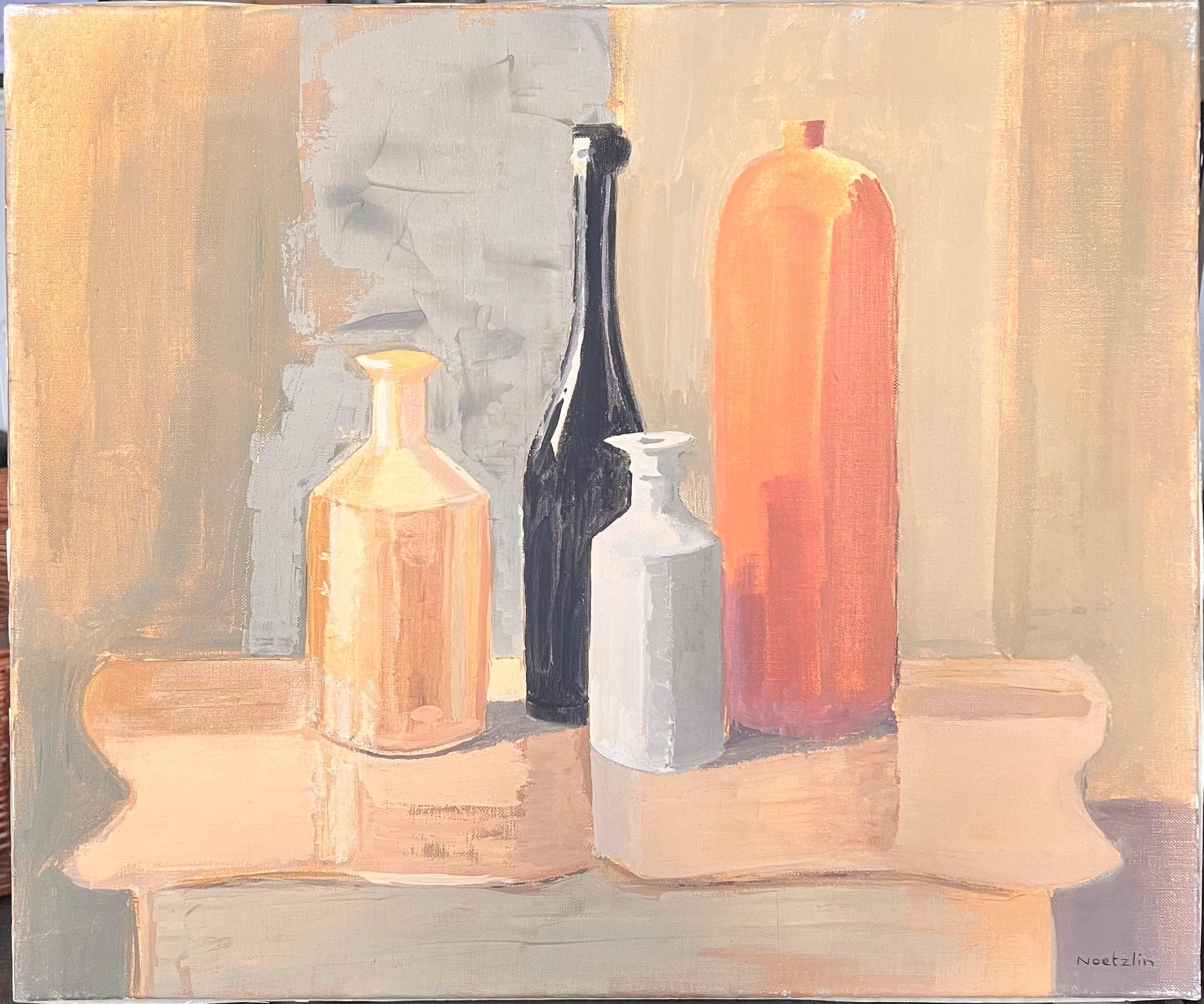 Feine 20. Jahrhundert Französisch Modernist Ölgemälde Stillleben Flaschen & Vasen – Painting von Laure Noetzin-Azam (French 1929-2024)