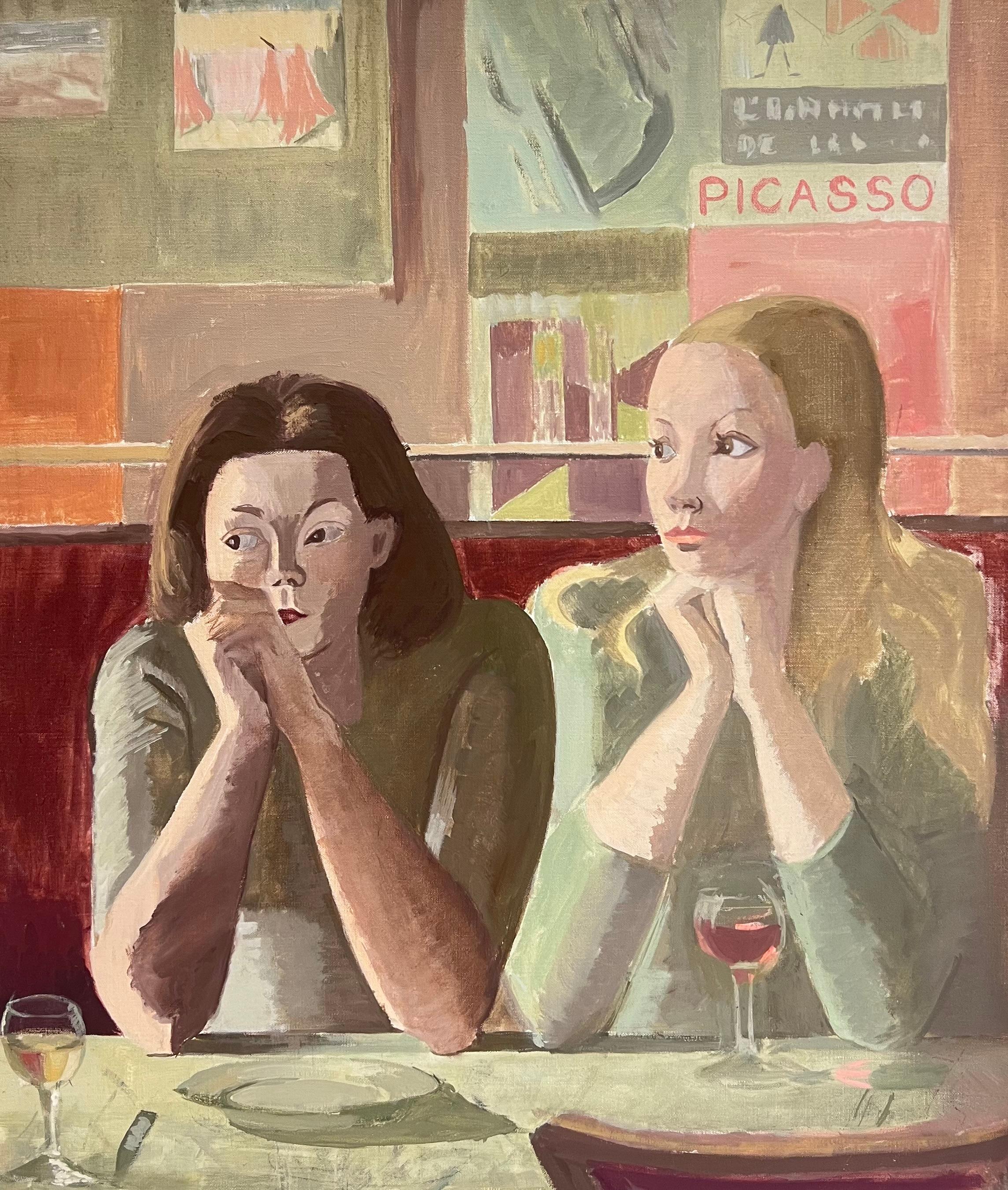 Laure Noetzin-Azam (French 1929-2024) Figurative Painting – Feine 20. Jahrhundert Französisch Modernist Ölgemälde Zwei Mädchen in Französisch Bar Interieur