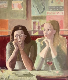 Raffinato dipinto a olio modernista francese del 20° secolo Due ragazze in un bar francese