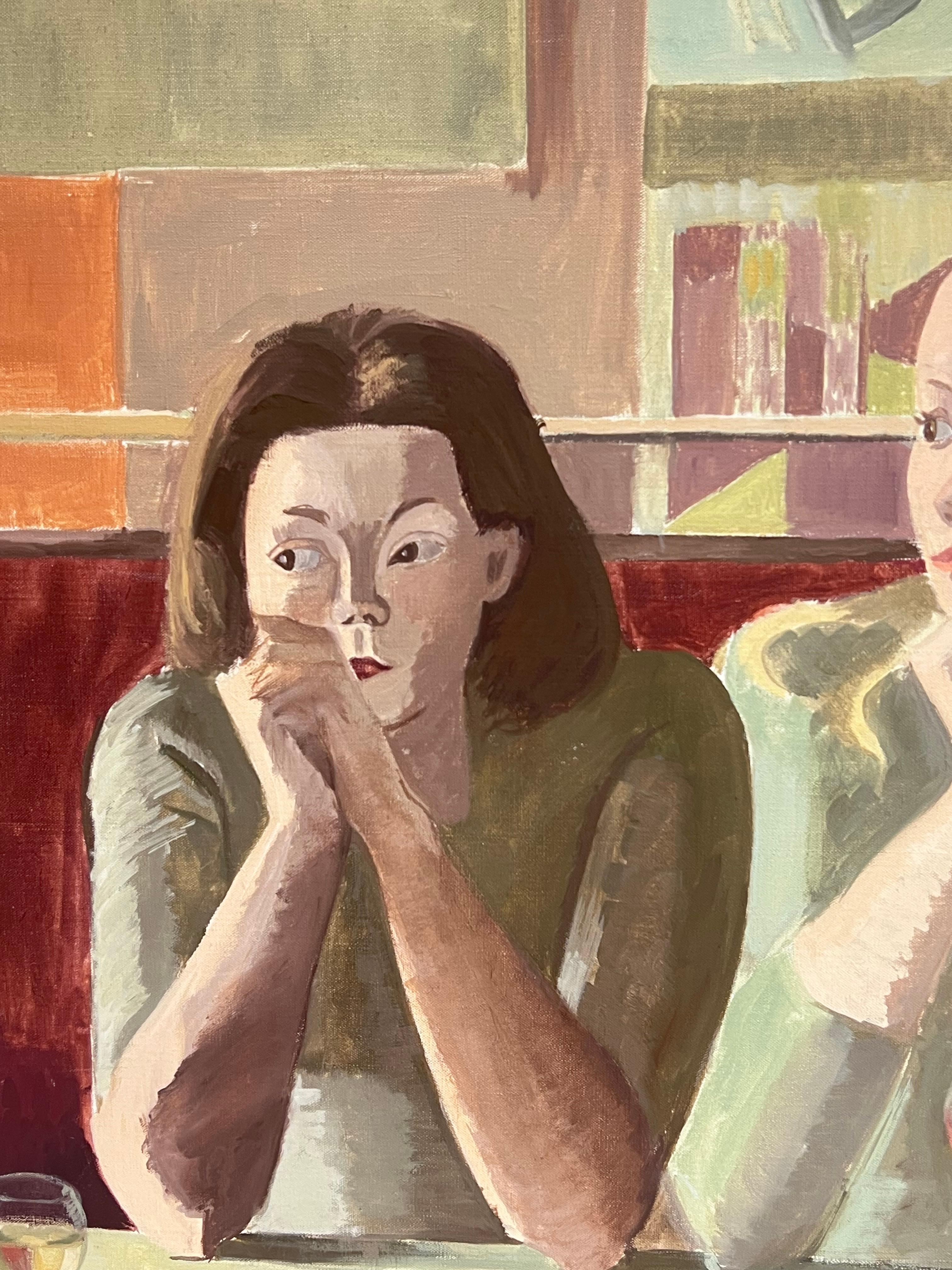 Feine 20. Jahrhundert Französisch Modernist Ölgemälde Zwei Mädchen in Französisch Bar Interieur (Kubismus), Painting, von Laure Noetzin-Azam (French 1929-2024)