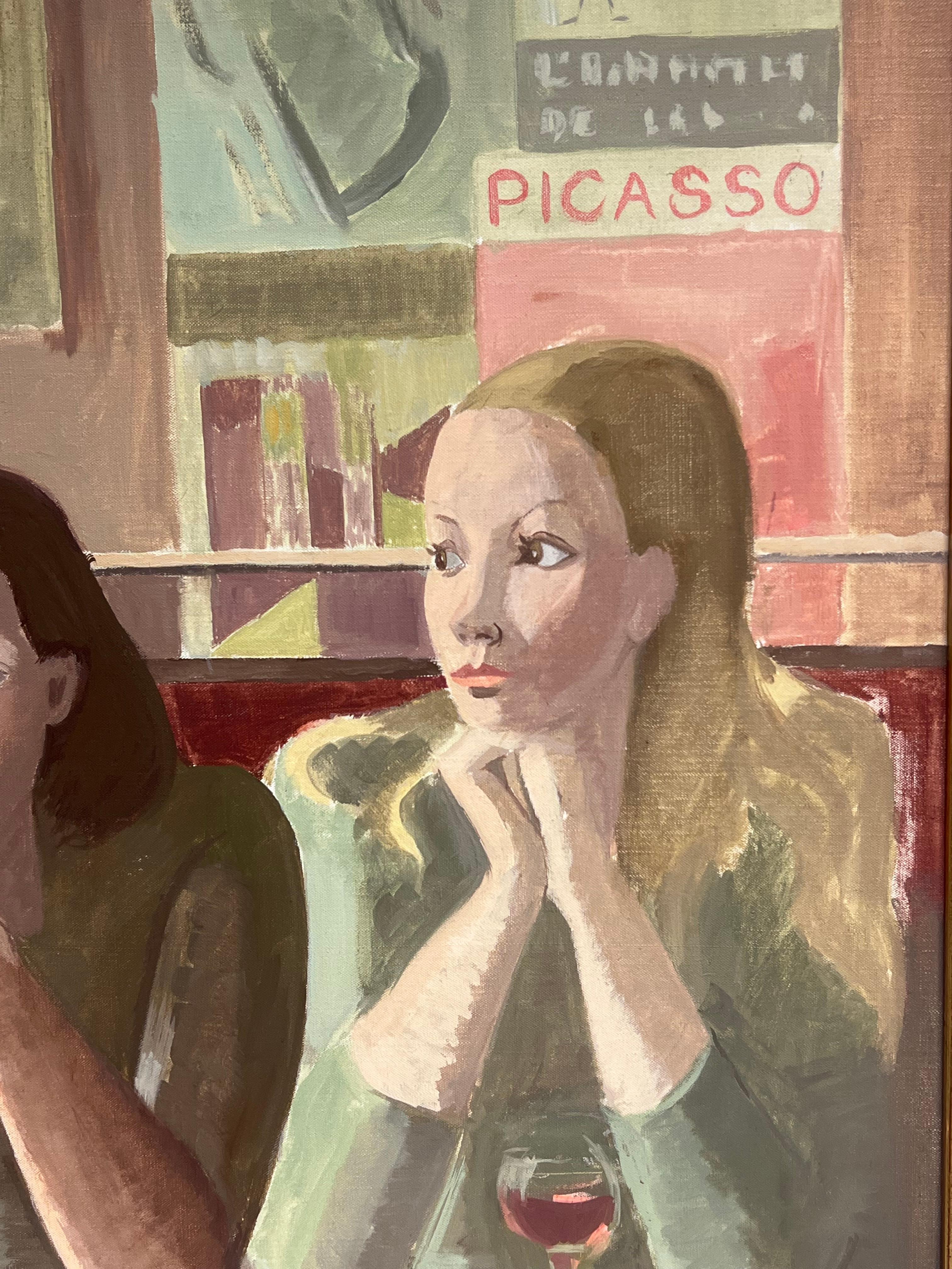 Feine 20. Jahrhundert Französisch Modernist Ölgemälde Zwei Mädchen in Französisch Bar Interieur (Braun), Figurative Painting, von Laure Noetzin-Azam (French 1929-2024)