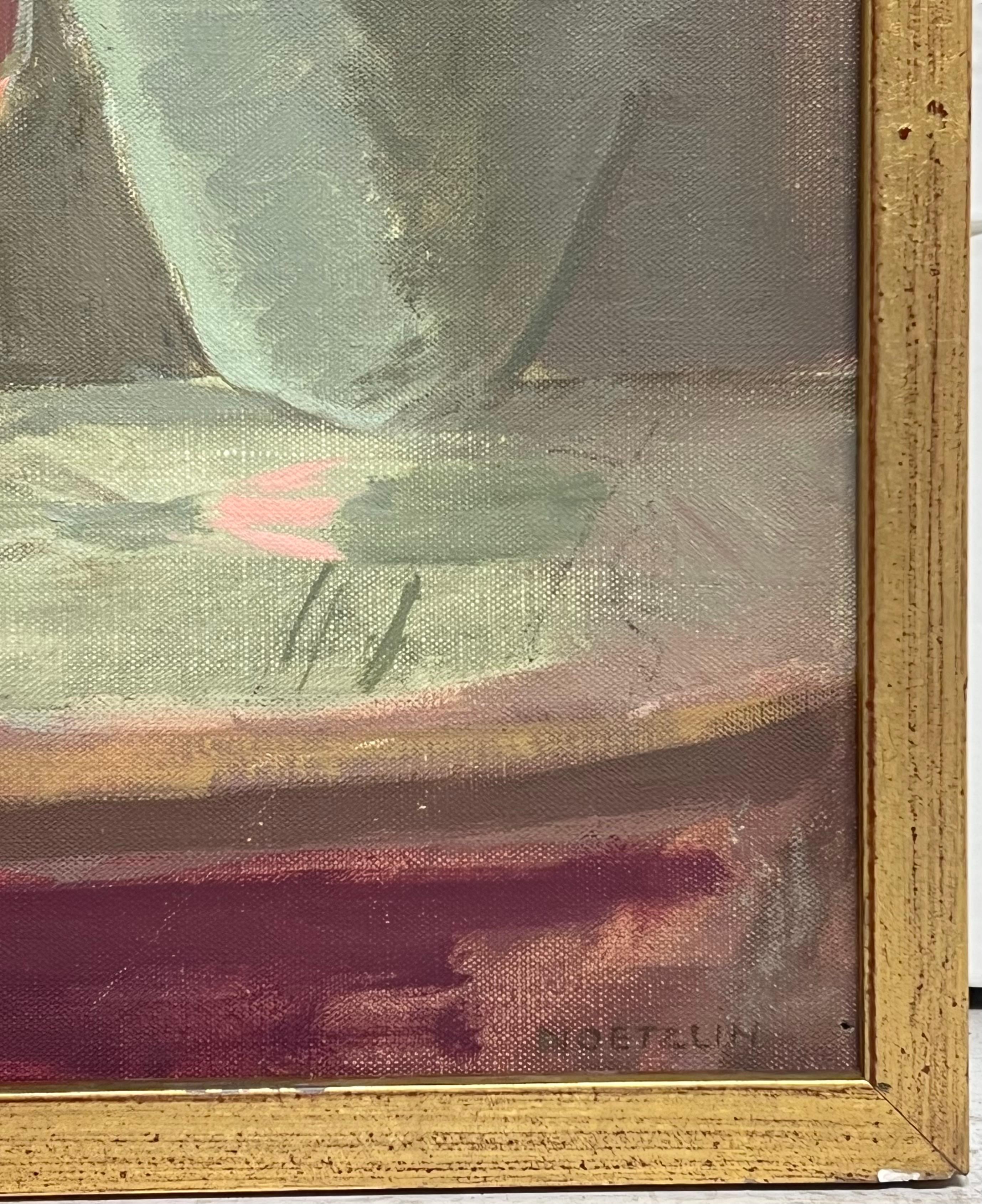 Feine 20. Jahrhundert Französisch Modernist Ölgemälde Zwei Mädchen in Französisch Bar Interieur im Angebot 1