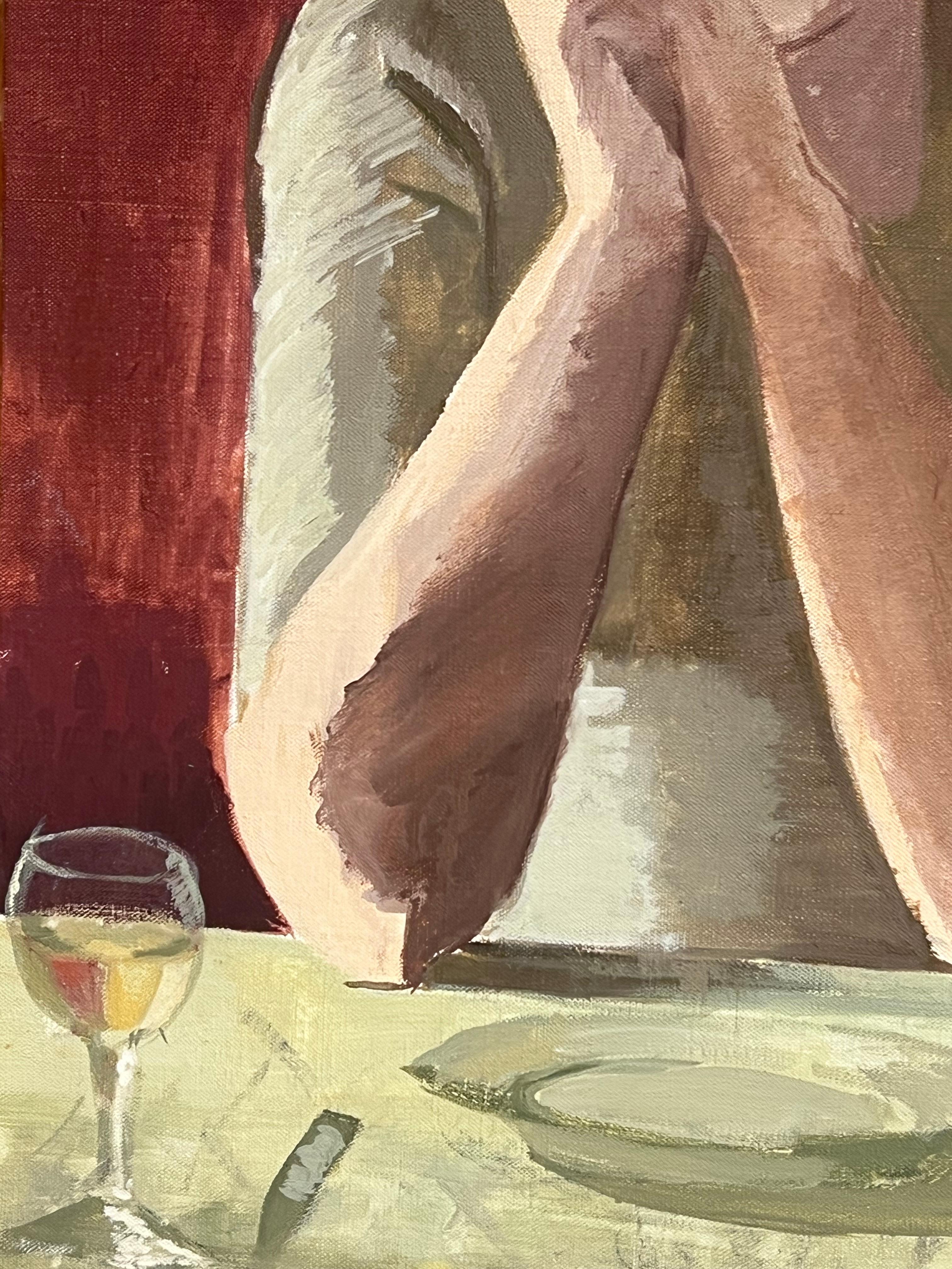 Feine 20. Jahrhundert Französisch Modernist Ölgemälde Zwei Mädchen in Französisch Bar Interieur im Angebot 3