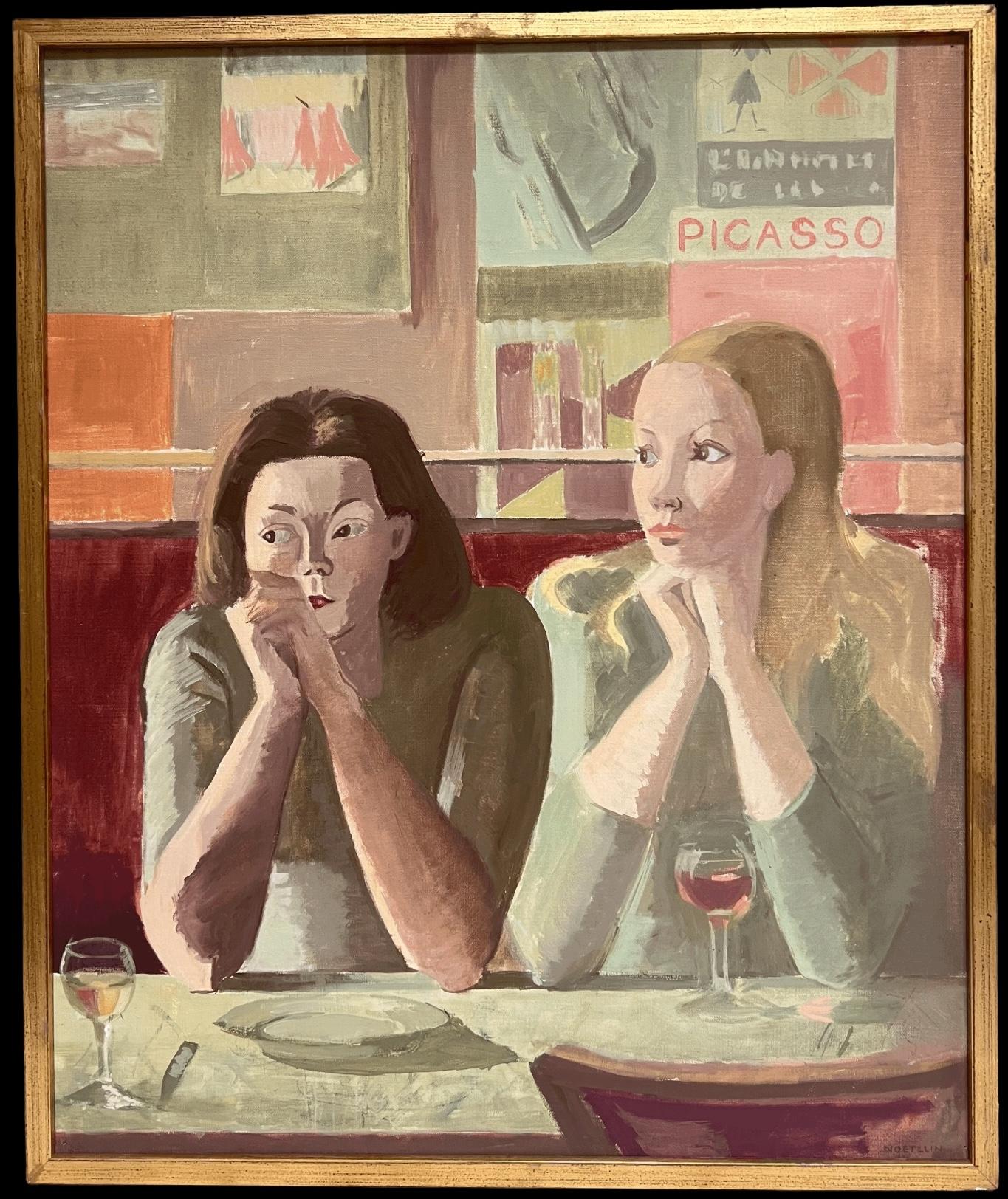 Feine 20. Jahrhundert Französisch Modernist Ölgemälde Zwei Mädchen in Französisch Bar Interieur – Painting von Laure Noetzin-Azam (French 1929-2024)