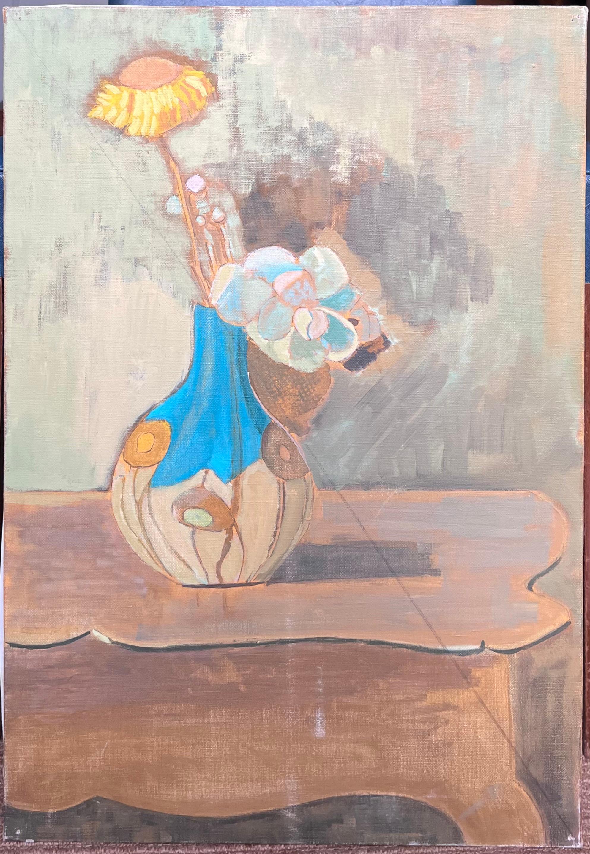 Belle peinture à l'huile moderniste française du 20e siècle Fleur jaune dans un vase bleu - Painting de Laure Noetzin-Azam (French 1929-2024)