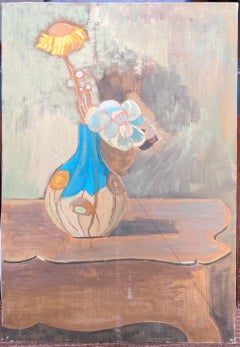 Feine 20. Jahrhundert Französisch Modernist Ölgemälde Gelbe Blume in blauer Vase