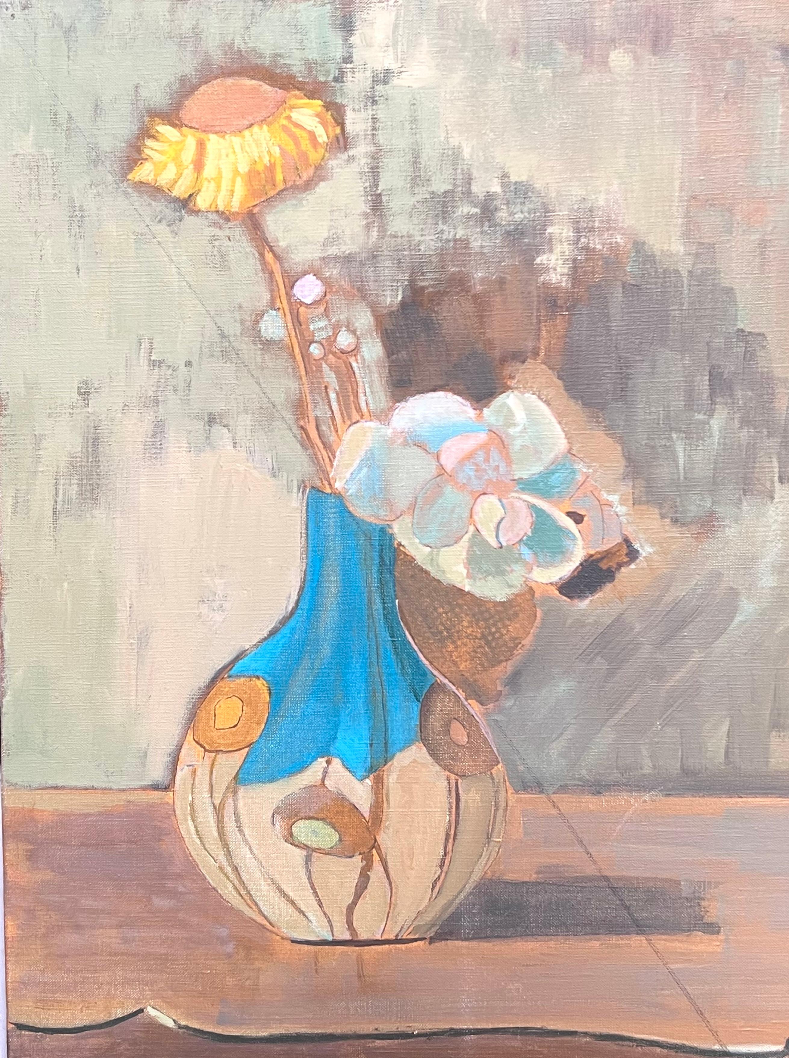 Belle peinture à l'huile moderniste française du 20e siècle Fleur jaune dans un vase bleu - Cubisme Painting par Laure Noetzin-Azam (French 1929-2024)