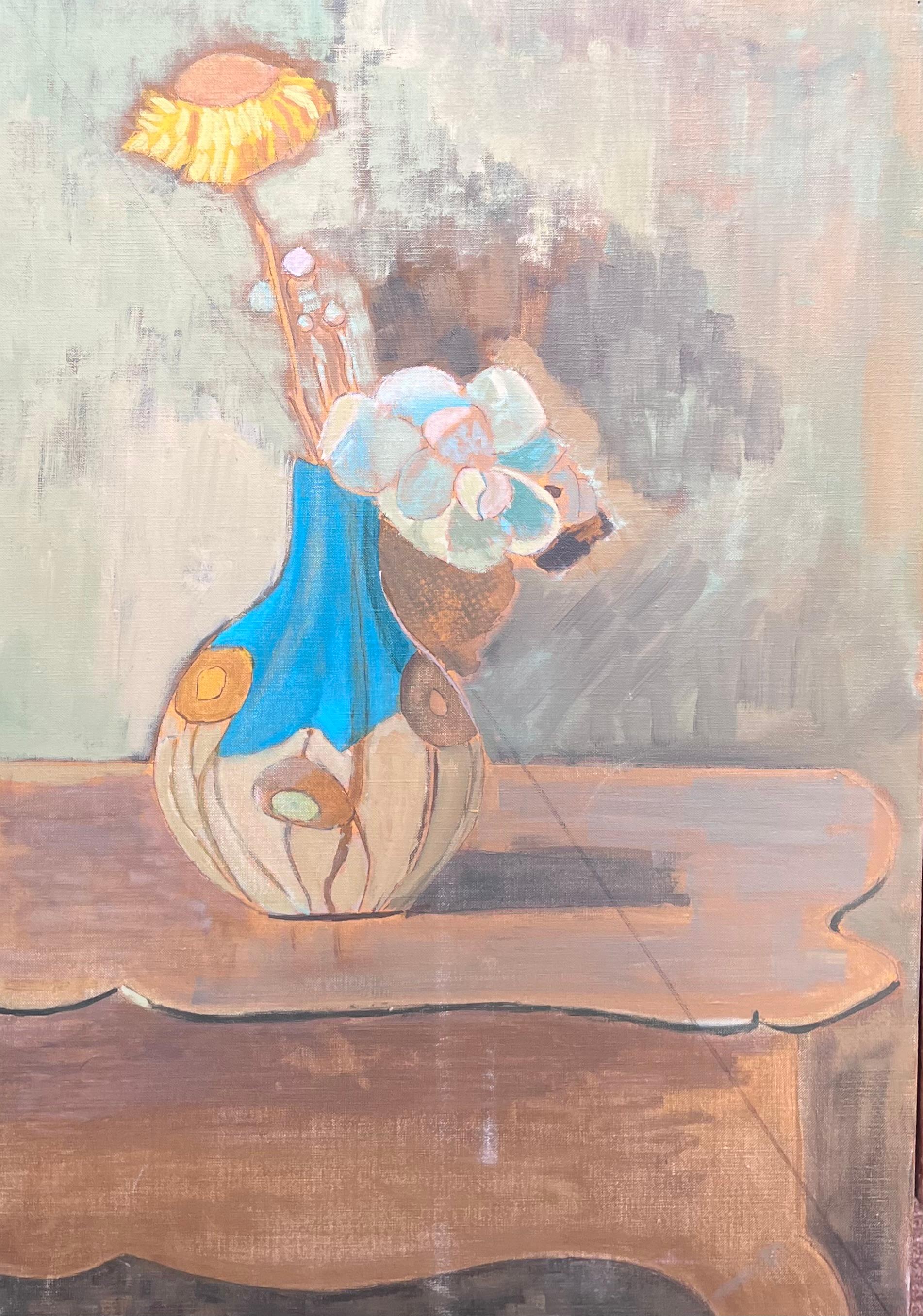 Belle peinture à l
huile moderniste française du 20e siècle Fleur jaune dans un vase bleu