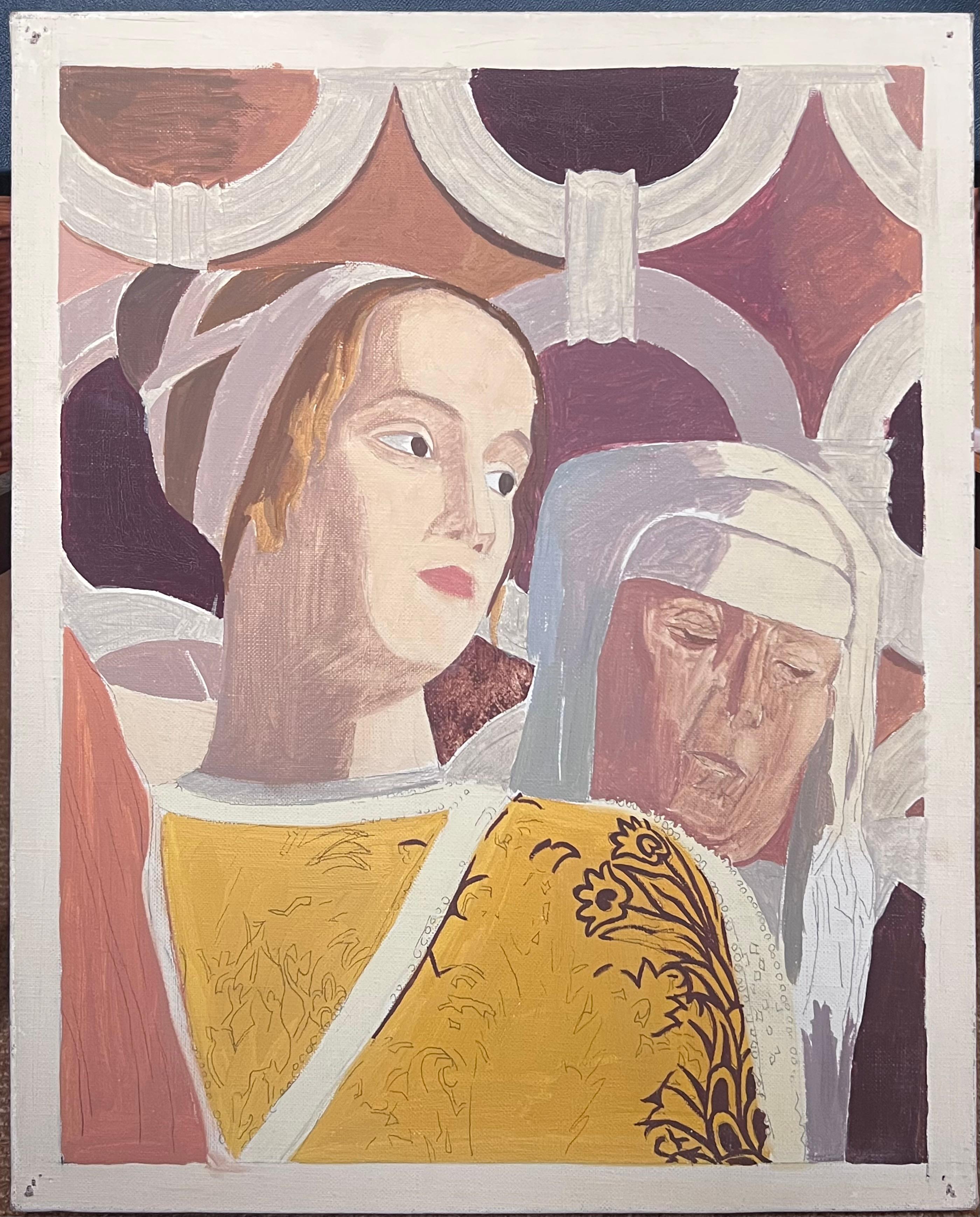 Feine 20. Jahrhundert Französisch Modernist Ölgemälde Junge und alte Nonnen Porträts – Painting von Laure Noetzin-Azam (French 1929-2024)