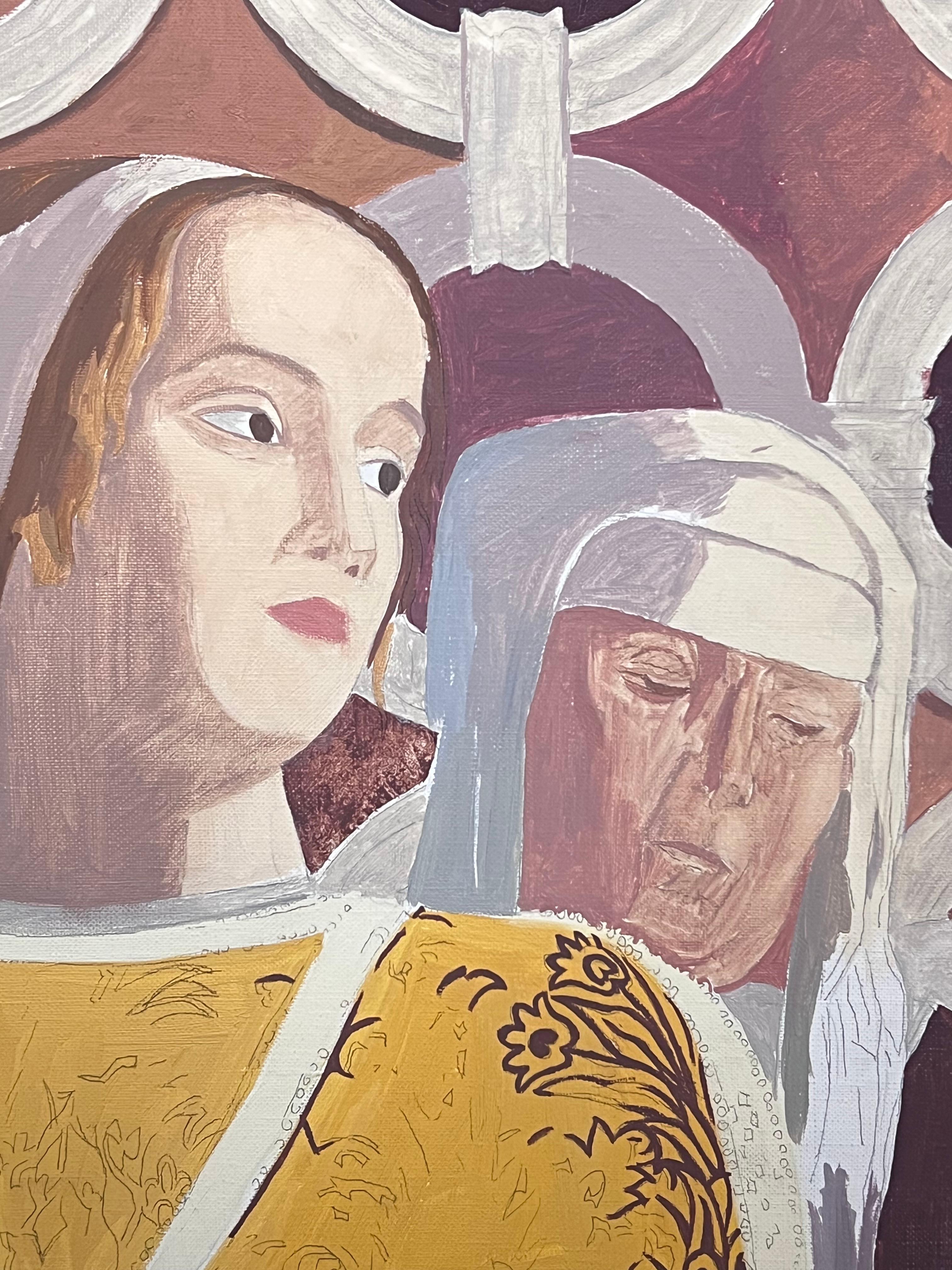 Feine 20. Jahrhundert Französisch Modernist Ölgemälde Junge und alte Nonnen Porträts (Beige), Portrait Painting, von Laure Noetzin-Azam (French 1929-2024)