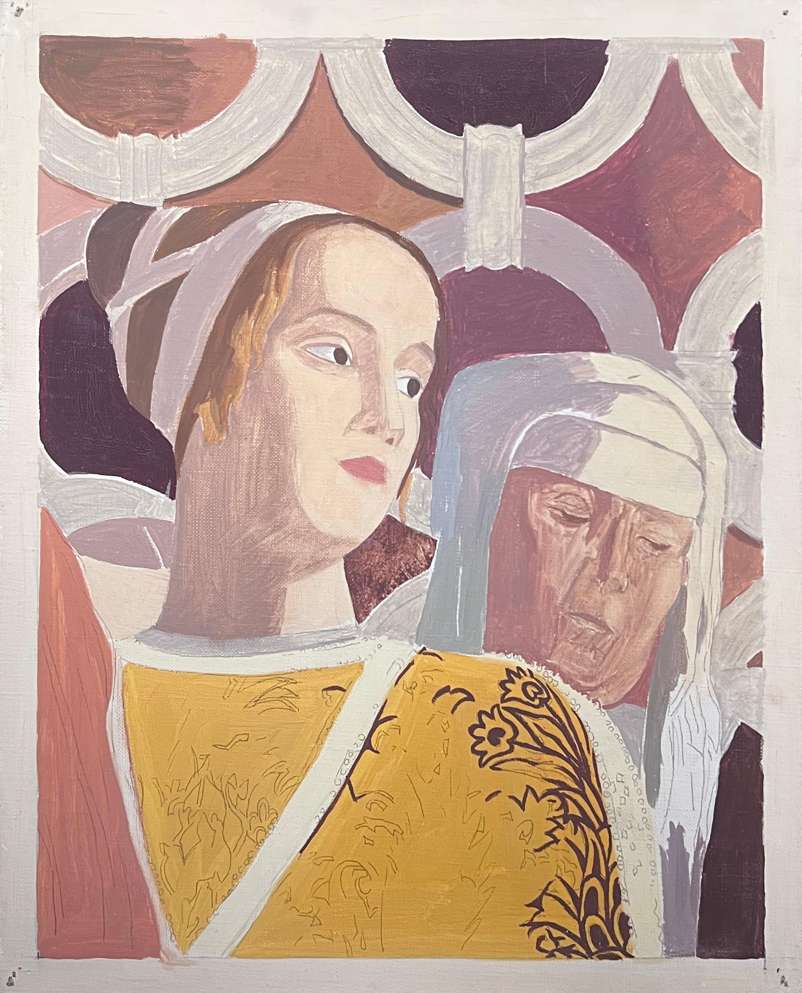 Belle peinture à l
huile moderniste française du 20e siècle Portraits de jeunes et vieilles religieuses