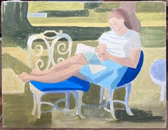 Fine 20th Century French Modernist Oil Painting Young Woman Reading in Garden