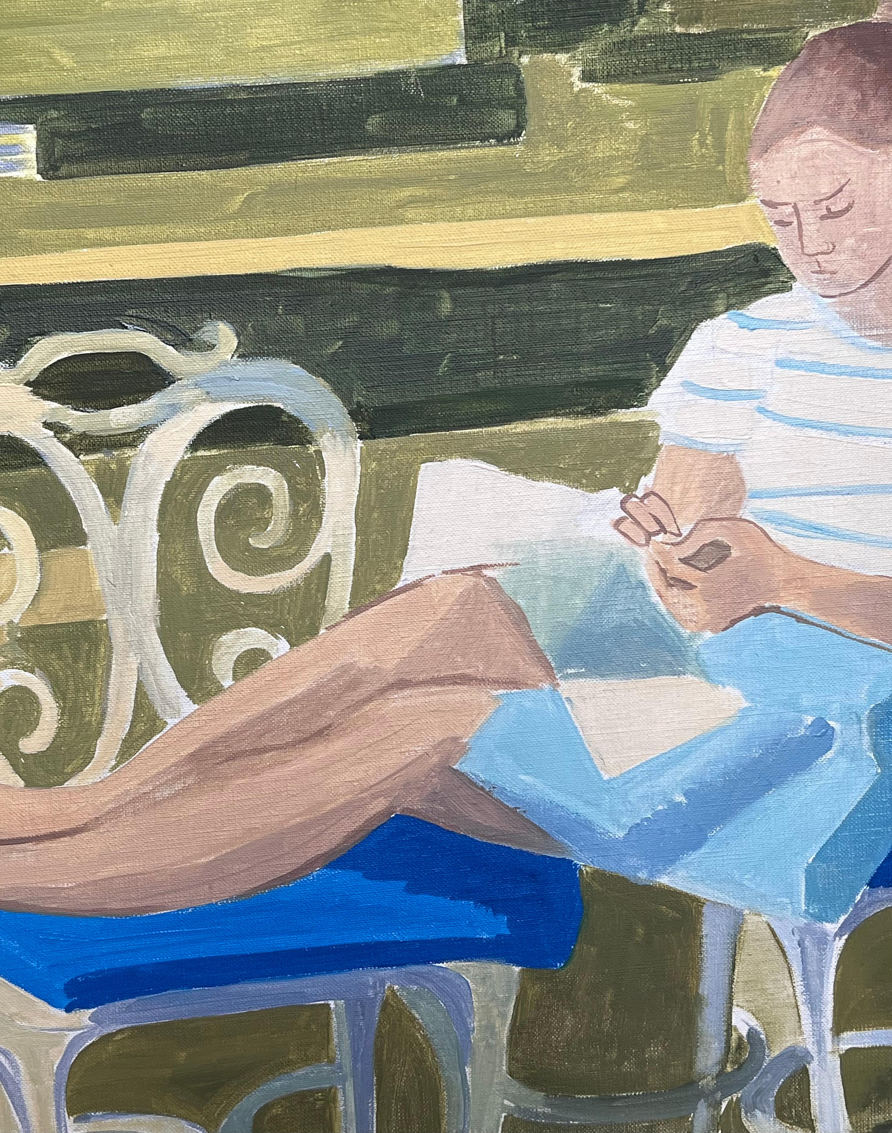 Feine 20. Jahrhundert Französisch Modernist Ölgemälde Junge Frau Lesen im Garten (Kubismus), Painting, von Laure Noetzin-Azam (French 1929-2024)