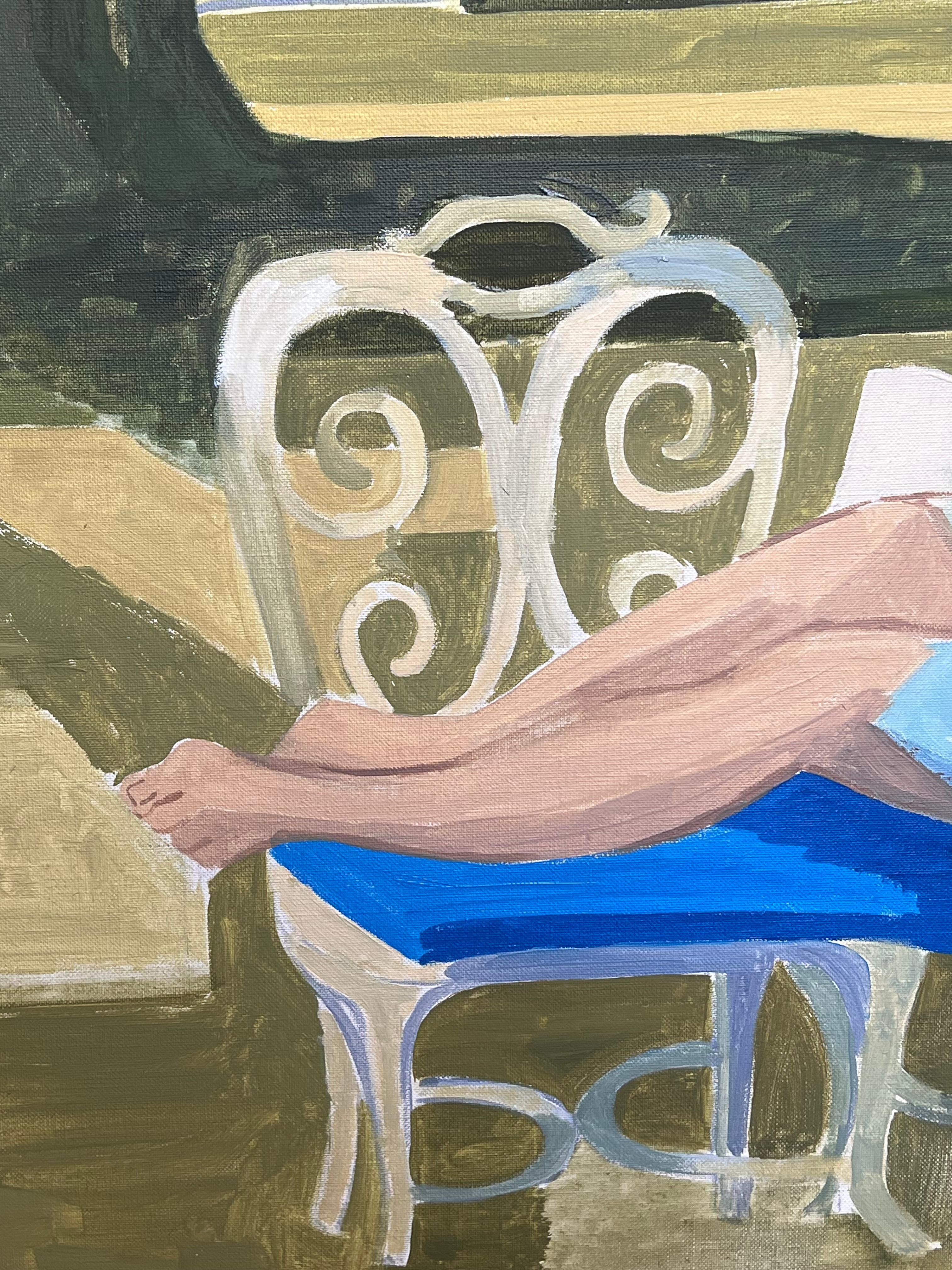 Feine 20. Jahrhundert Französisch Modernist Ölgemälde Junge Frau Lesen im Garten (Braun), Landscape Painting, von Laure Noetzin-Azam (French 1929-2024)