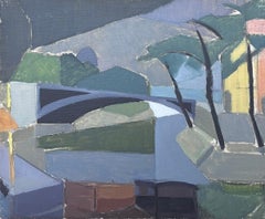 Raffinato dipinto ad olio post cubista del XX secolo: paesaggio fluviale urbano e ponte