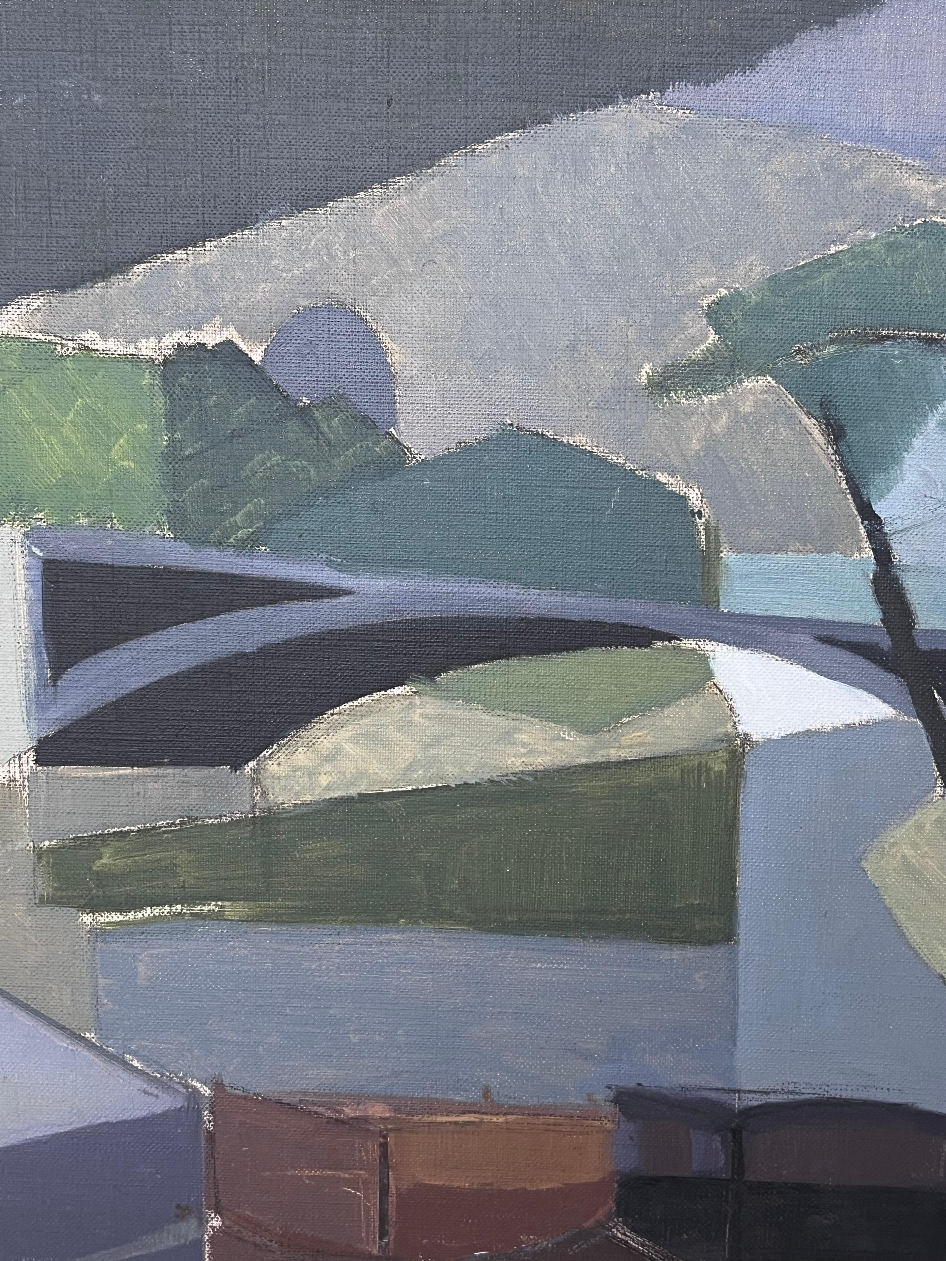 Feine 20. Jahrhundert Französisch Post kubistischen Ölgemälde Stadt Flusslandschaft & Brücke (Kubismus), Painting, von Laure Noetzin-Azam (French 1929-2024)