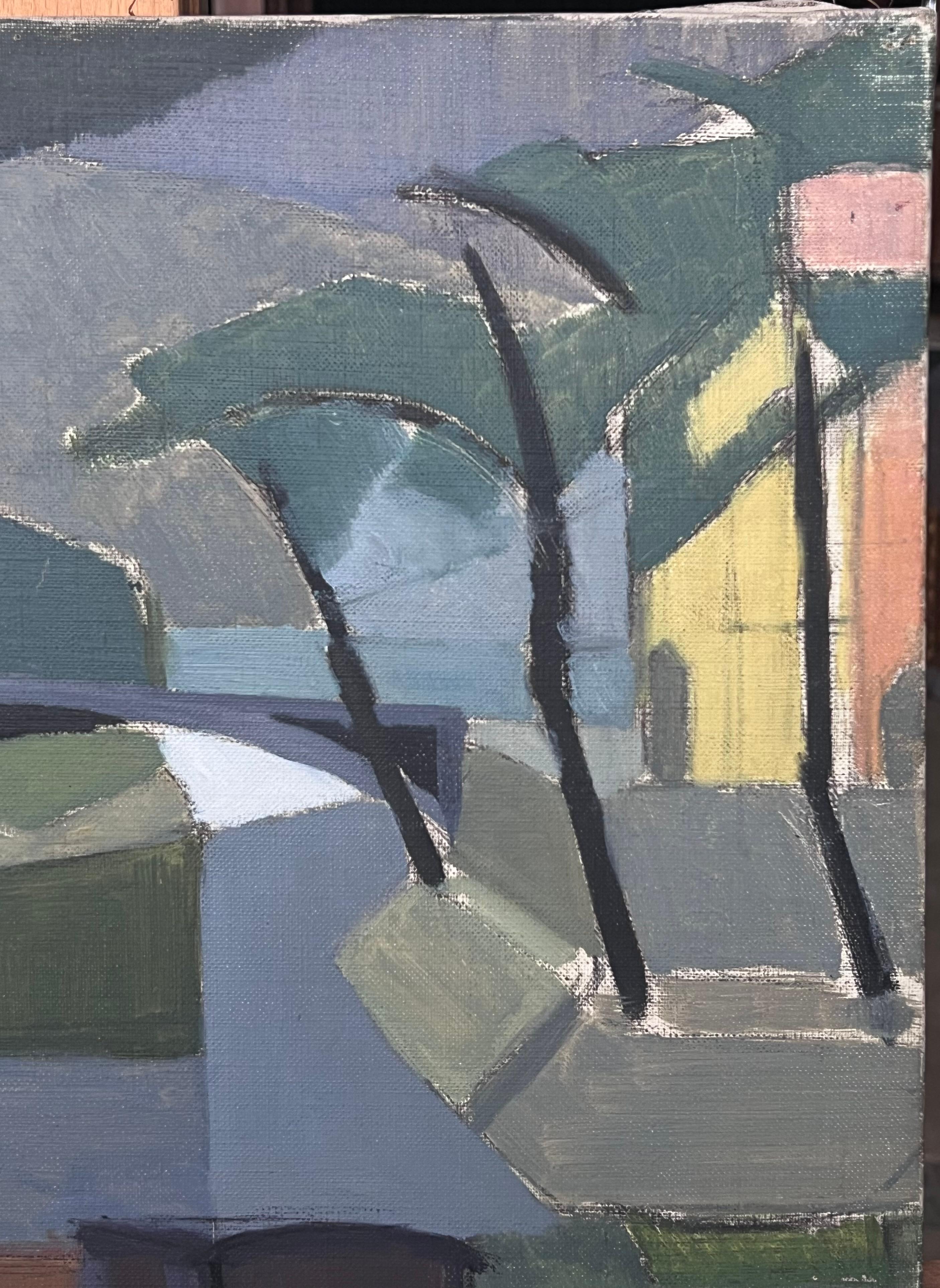 Feine 20. Jahrhundert Französisch Post kubistischen Ölgemälde Stadt Flusslandschaft & Brücke (Grau), Abstract Painting, von Laure Noetzin-Azam (French 1929-2024)
