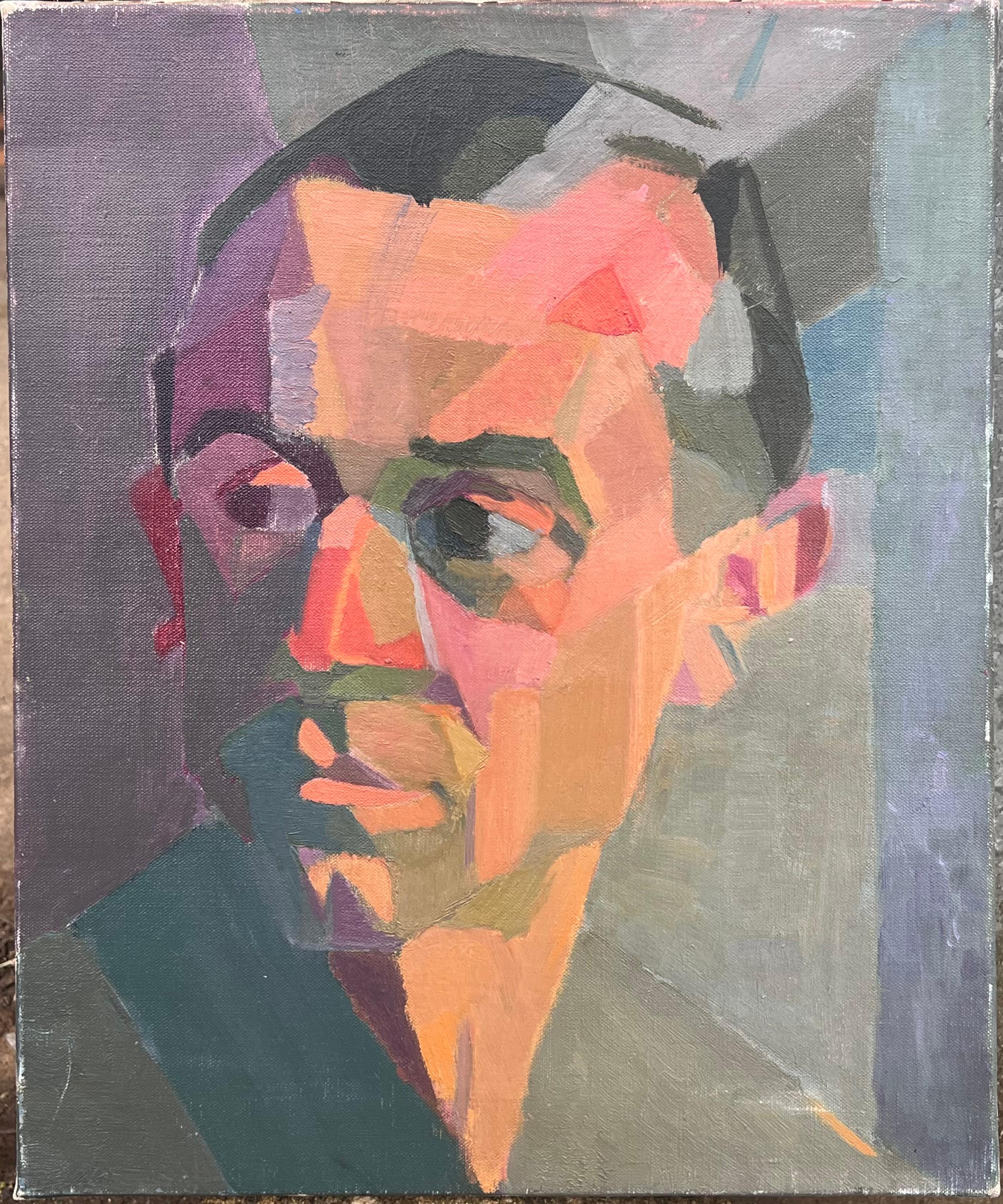 Belle peinture à l'huile post-cubiste française du 20e siècle - Portrait d'un homme - Painting de Laure Noetzin-Azam (French 1929-2024)