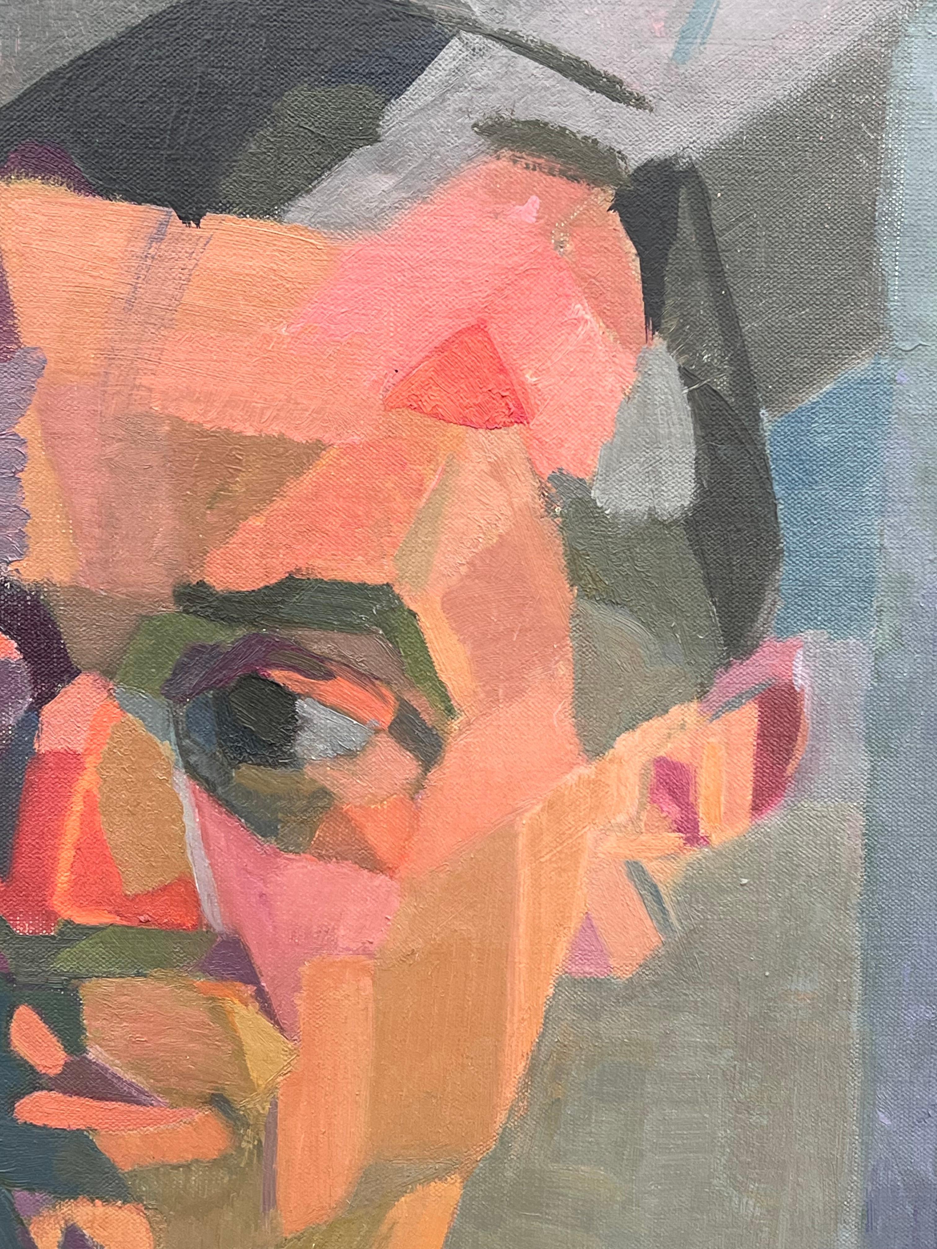 Belle peinture à l'huile post-cubiste française du 20e siècle - Portrait d'un homme - Cubisme Painting par Laure Noetzin-Azam (French 1929-2024)