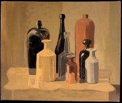 Magnifique nature morte post-cubiste française du XXe siècle, à l'huile, représentant des bouteilles et des vases