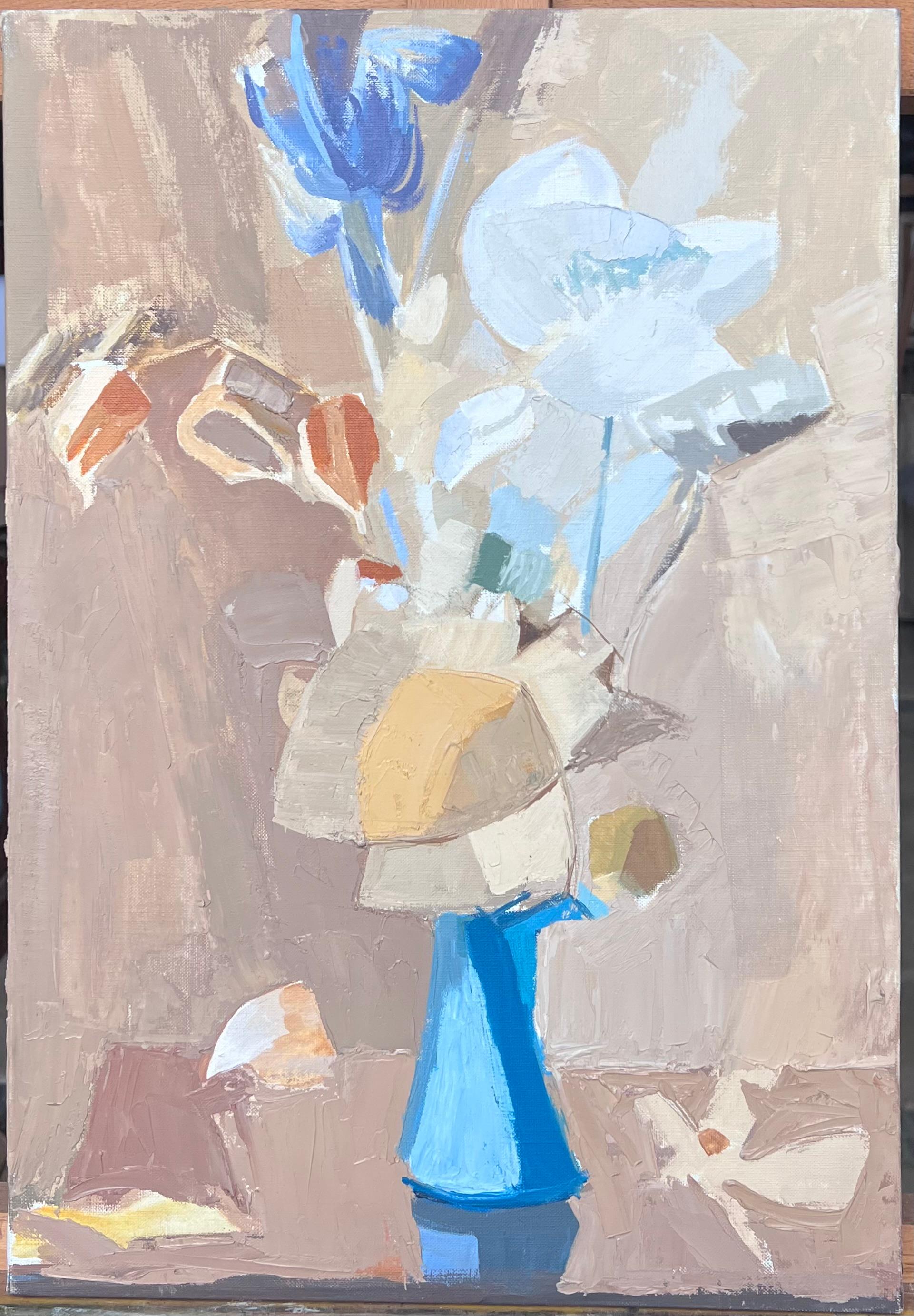 Feine 20. Jahrhundert Französisch Post kubistischen Ölgemälde Stillleben in blauen Vase – Painting von Laure Noetzin-Azam (French 1929-2024)
