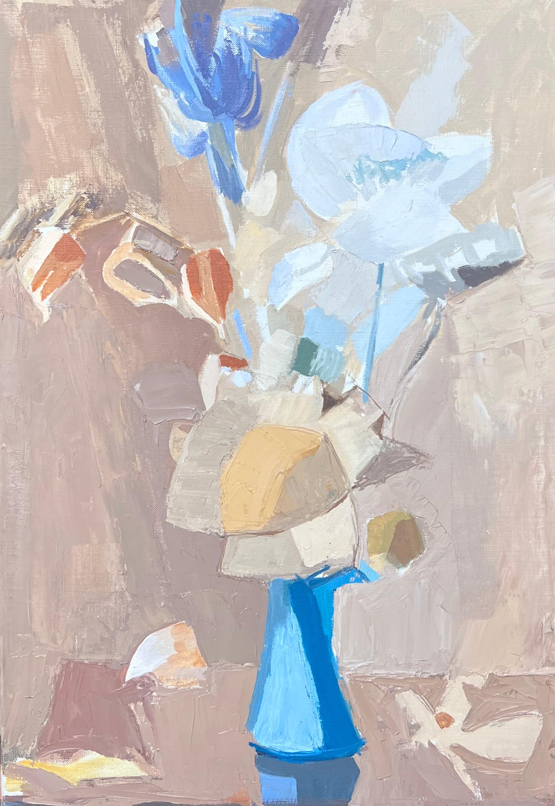 Belle peinture à l
huile post-cubiste française du 20e siècle Nature morte dans un vase bleu