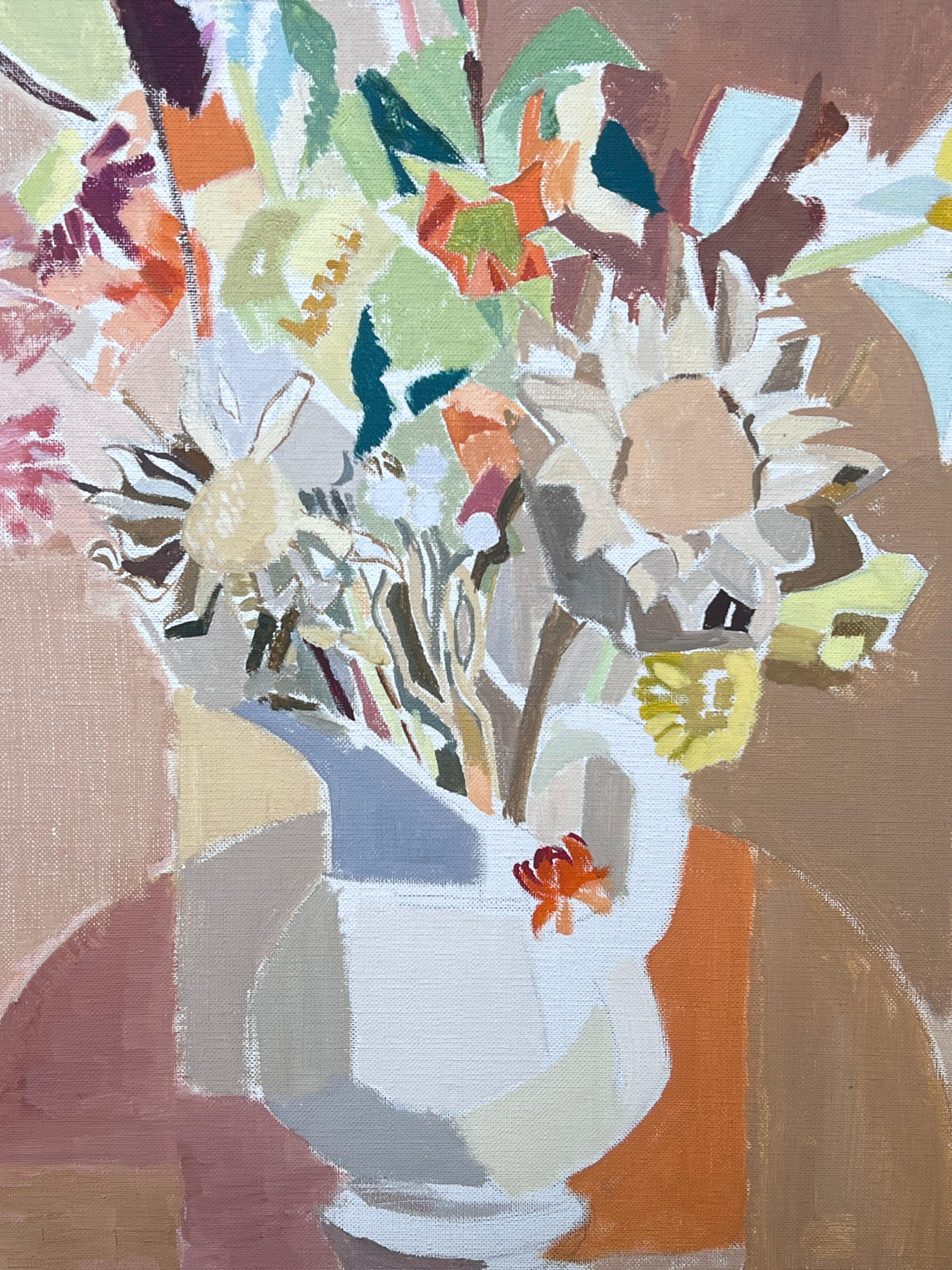Belle peinture à l'huile post-cubiste française du 20e siècle Nature morte de fleurs à l'intérieur en vente 1