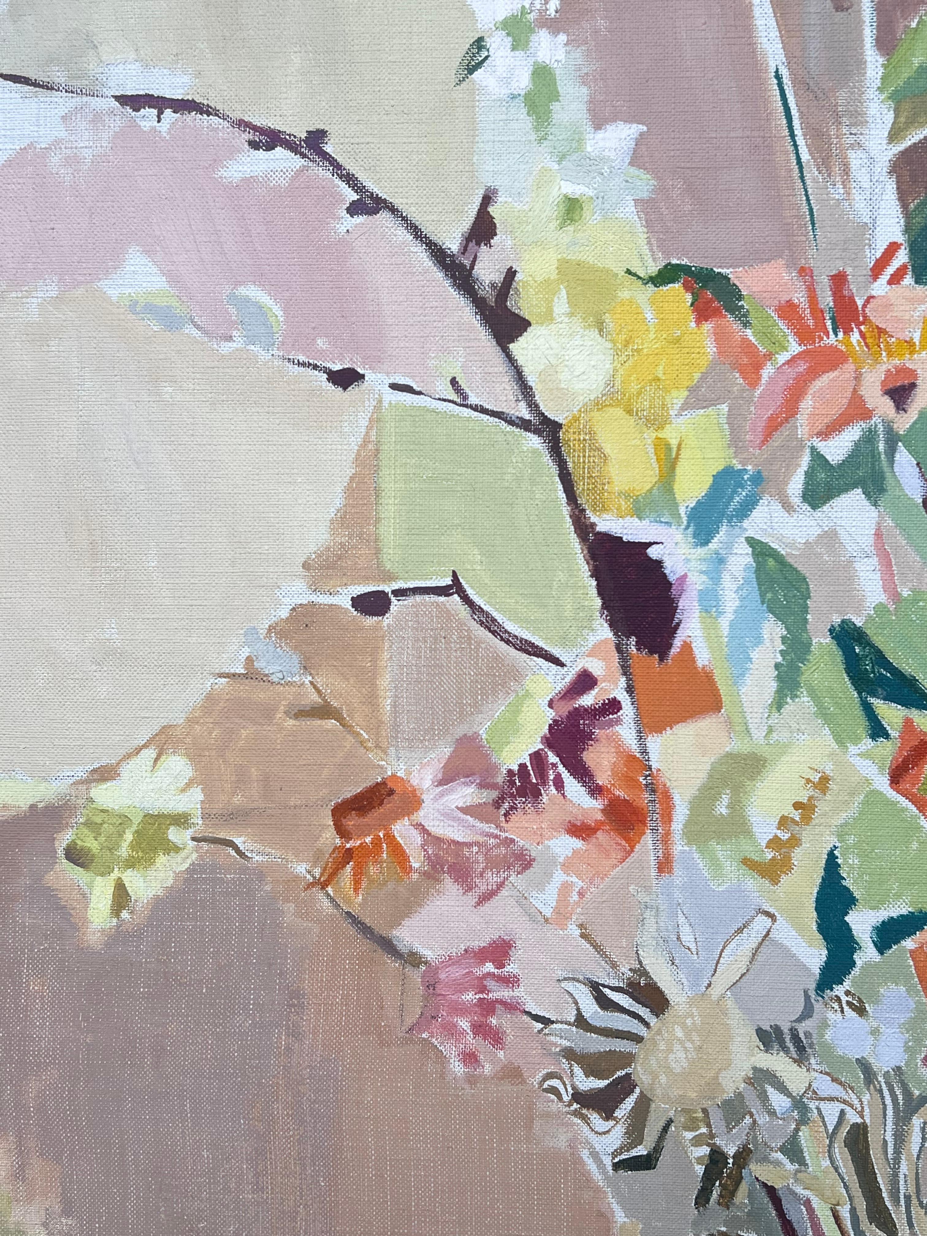 Belle peinture à l'huile post-cubiste française du 20e siècle Nature morte de fleurs à l'intérieur en vente 3