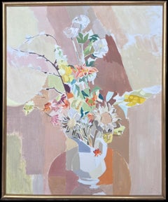 Fine 20th Century French Post Cubist Oil Painting Still Life of Flowers Interior