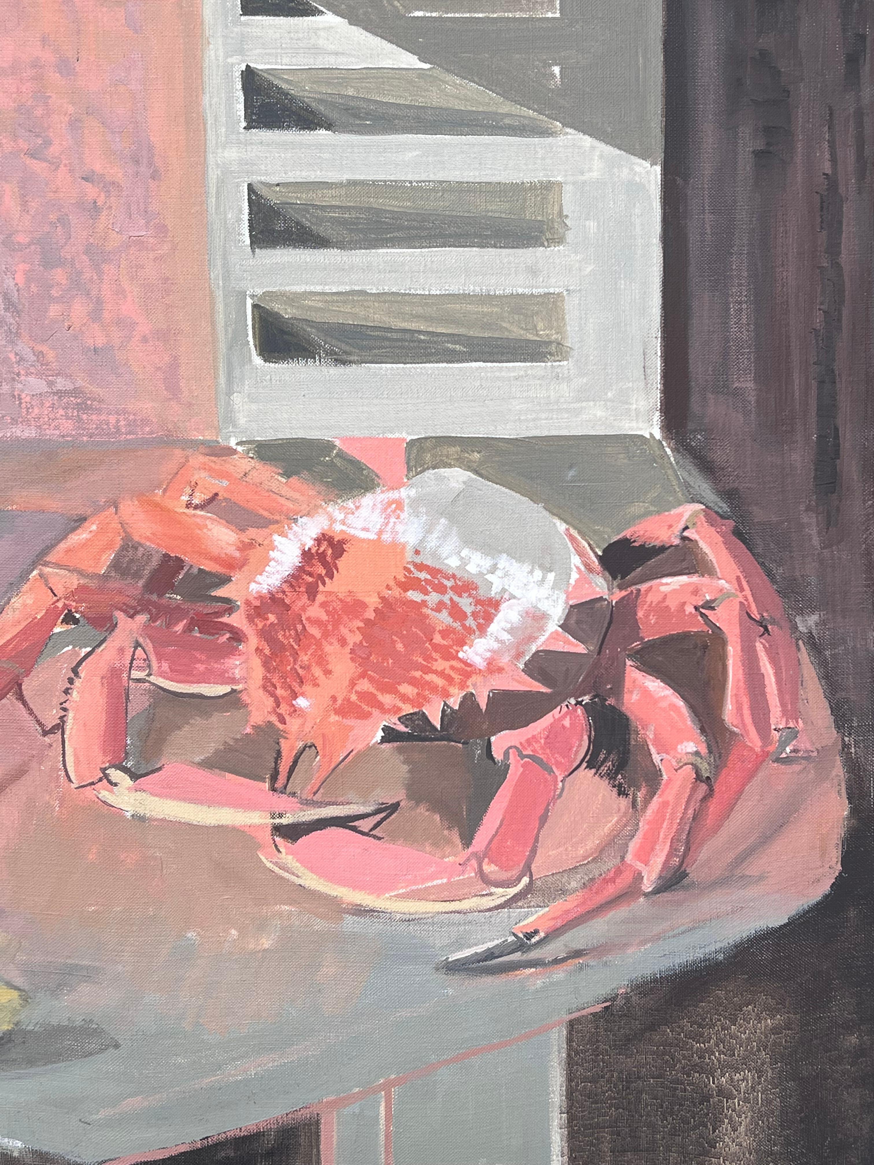 Raffinata pittura ad olio post cubista del 20° secolo Il granchio e la natura morta di limone - Painting Cubismo di Laure Noetzin-Azam (French 1929-2024)